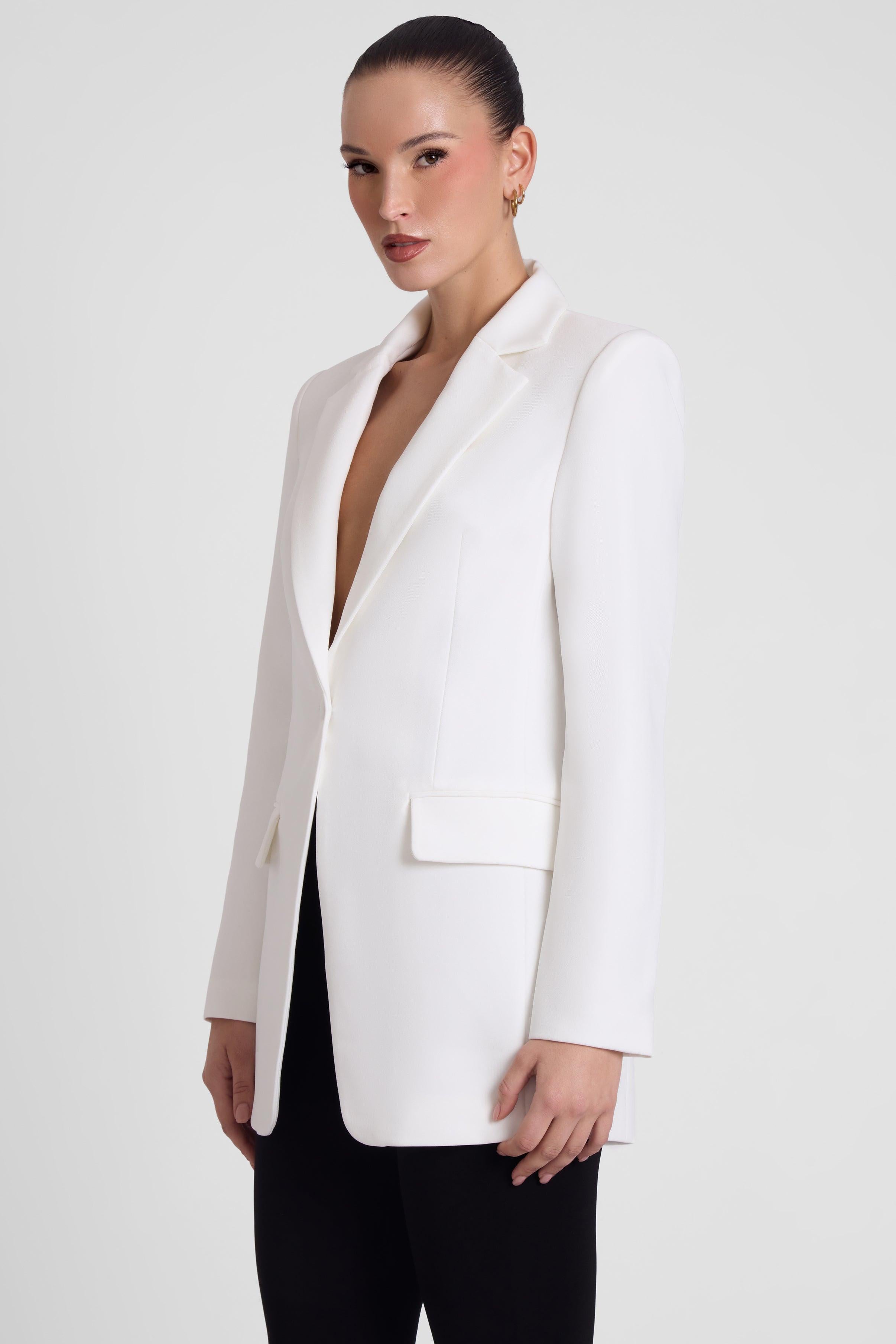 Classic Column Tailored Belted Blazer - White
