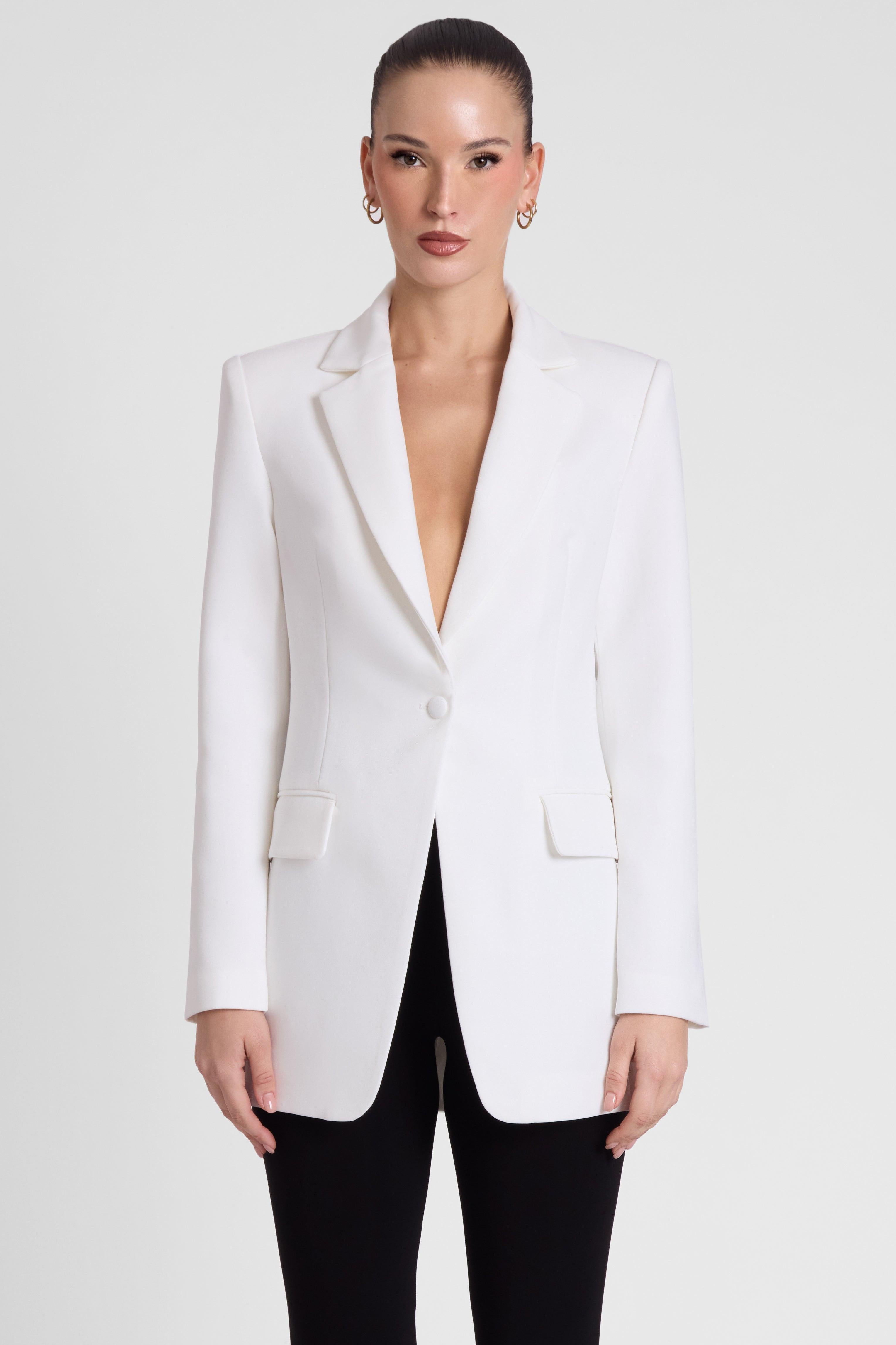 Classic Column Tailored Belted Blazer - White