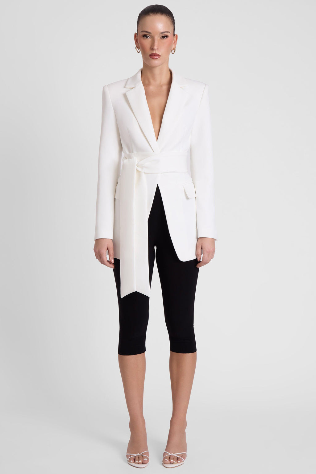 Classic Column Tailored Belted Blazer - White