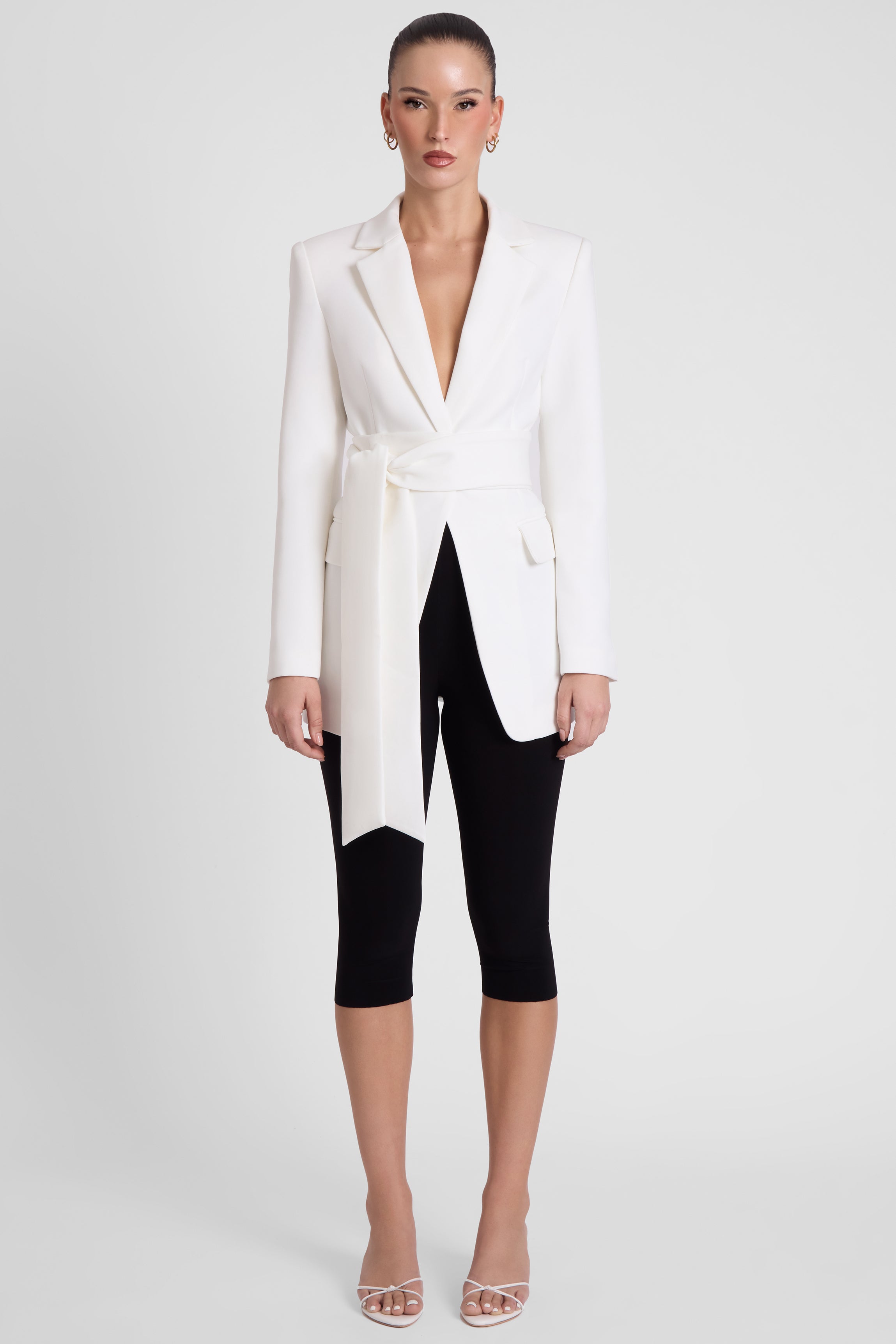 Classic Column Tailored Belted Blazer - White