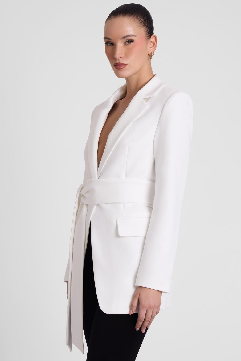 Classic Column Tailored Belted Blazer - White