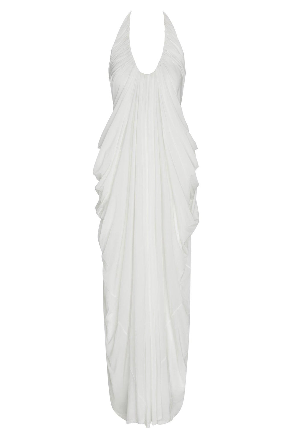 Cascade Drape Gown in White, front view.