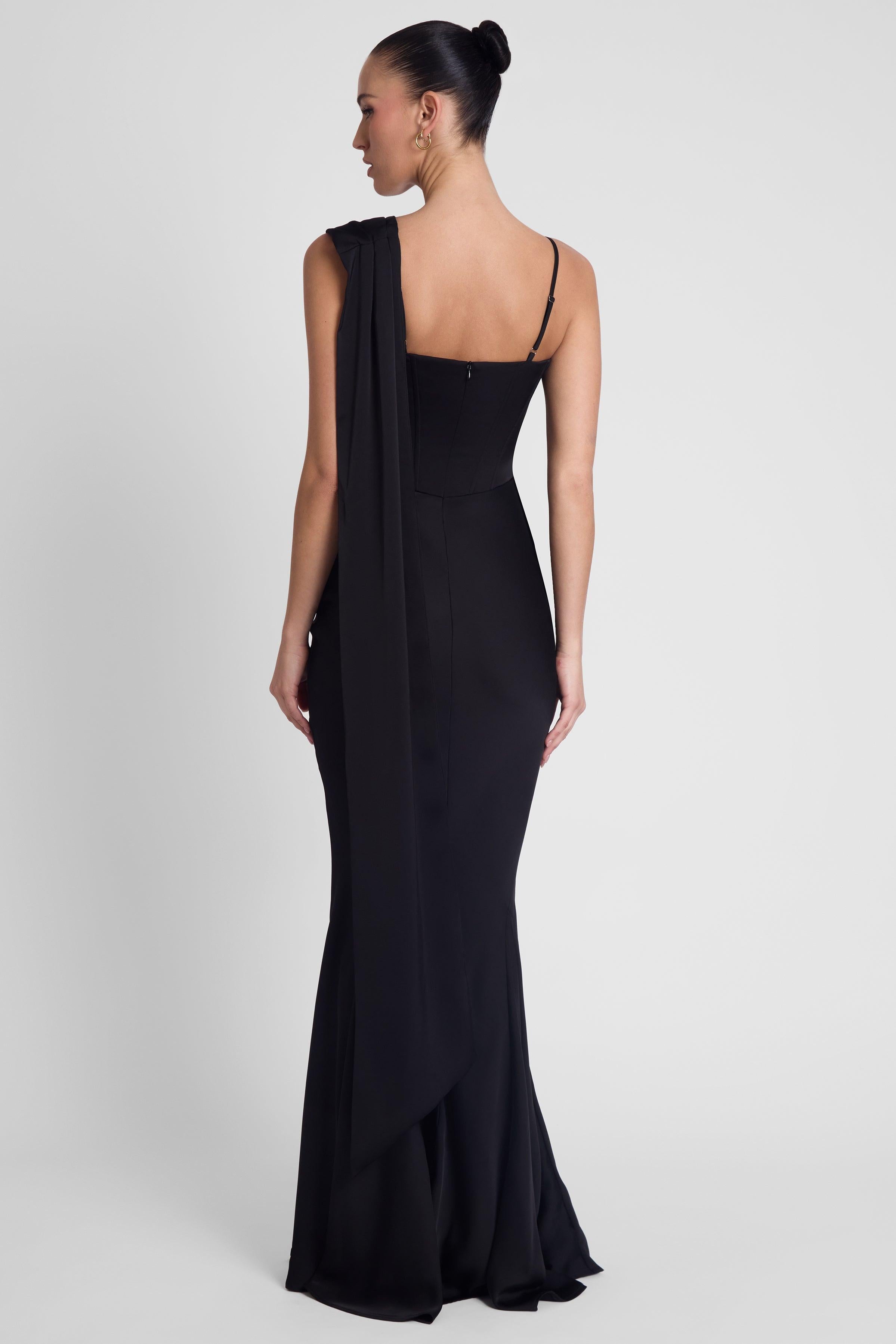 Celine Corset Drape Satin Gown - Black