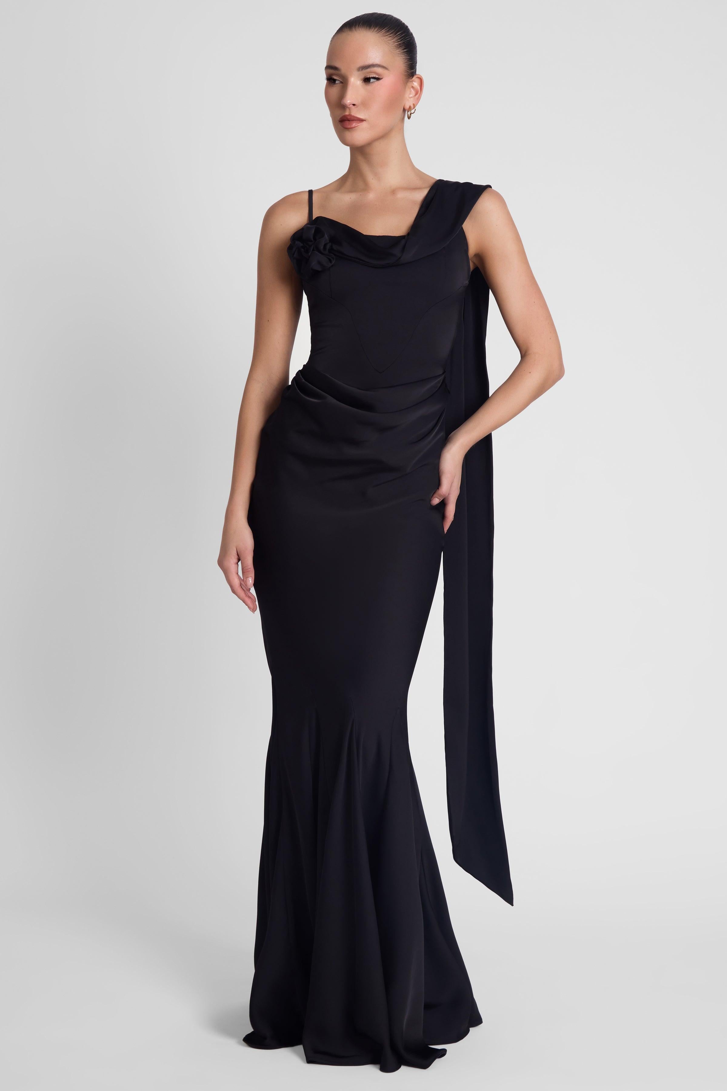 Celine Corset Drape Satin Gown - Black LEAU Celine Corset Drape Satin Gown - Black LEAU