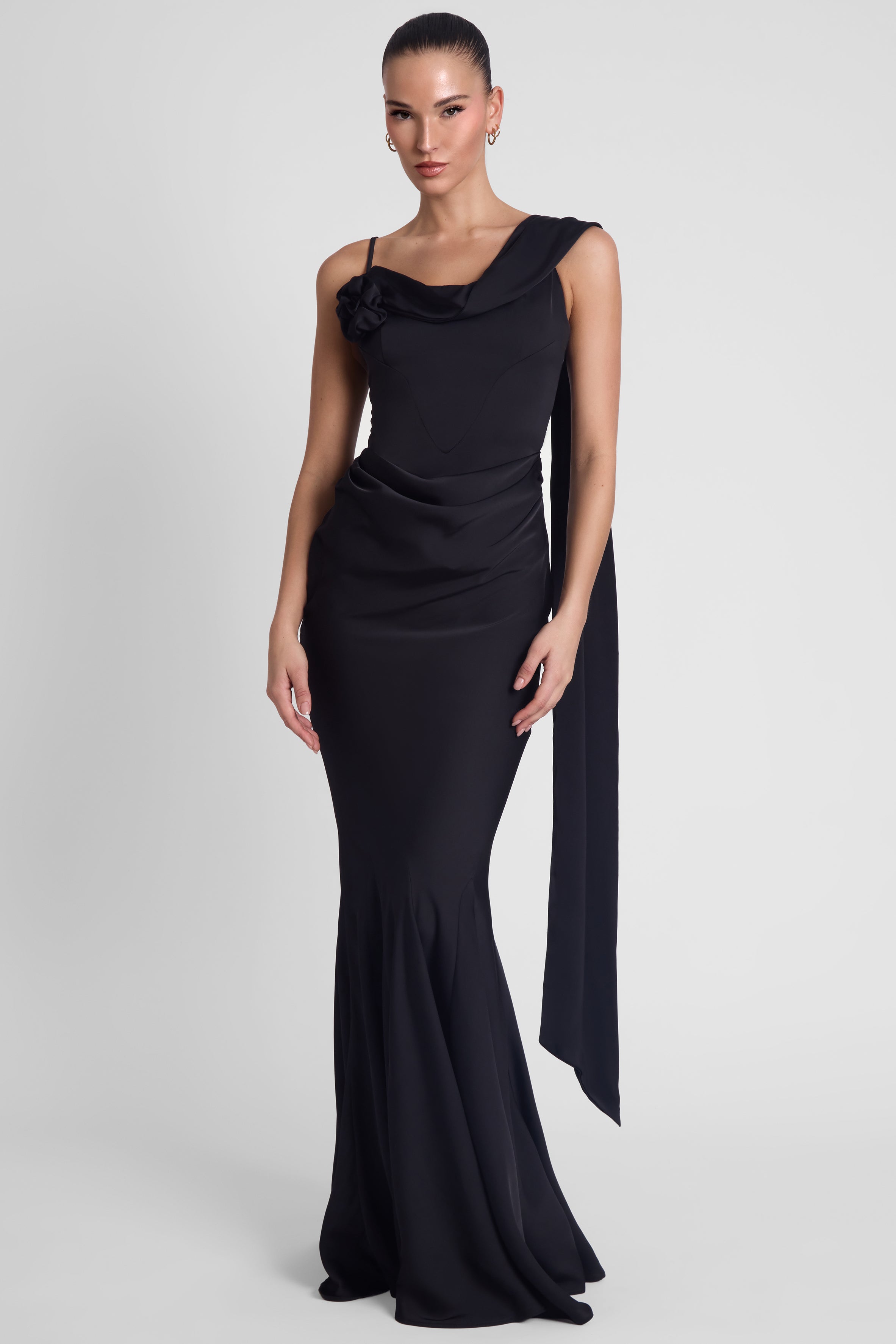 Celine Corset Drape Satin Gown - Black