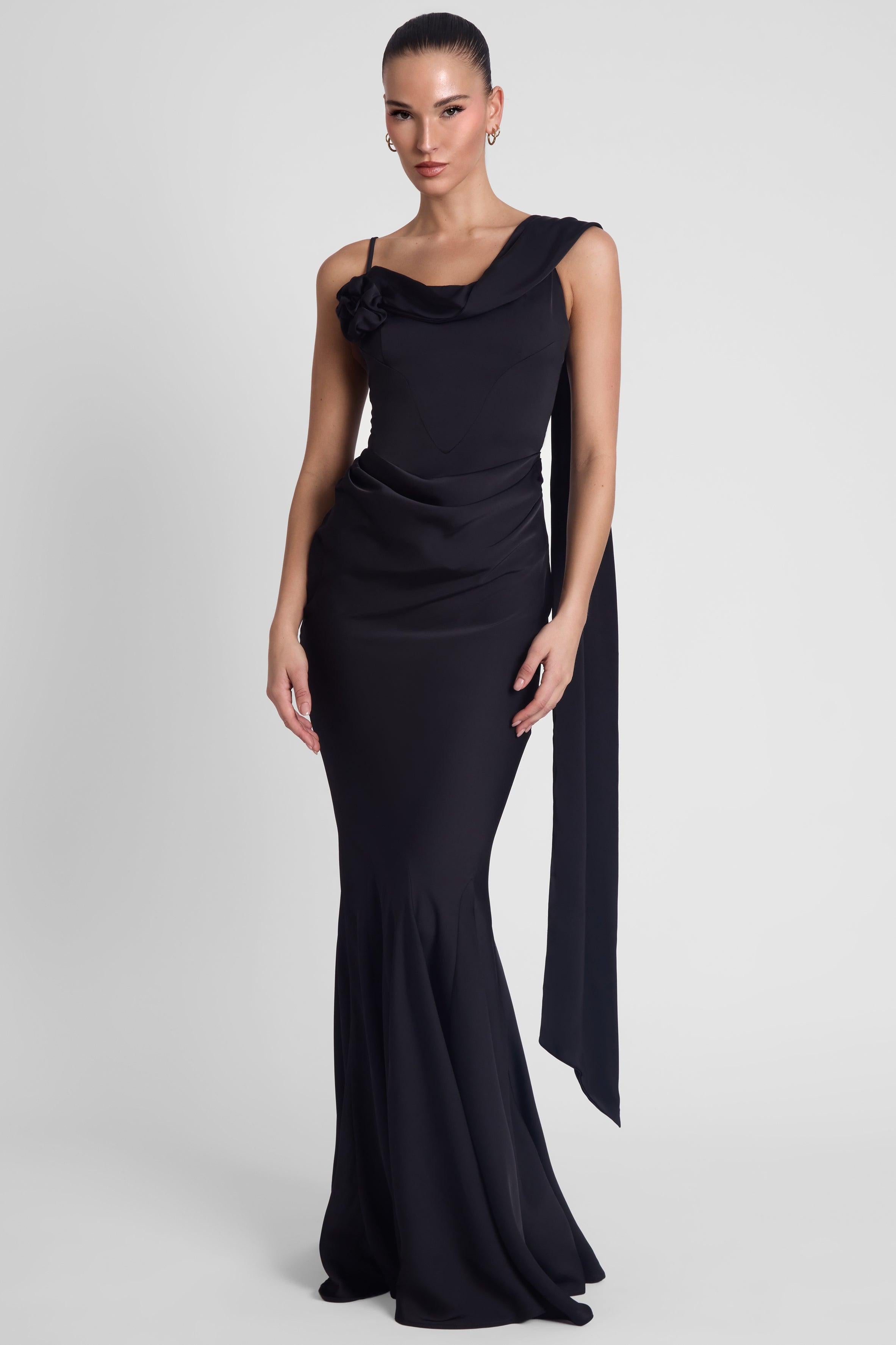 Celine Corset Drape Satin Gown - Black