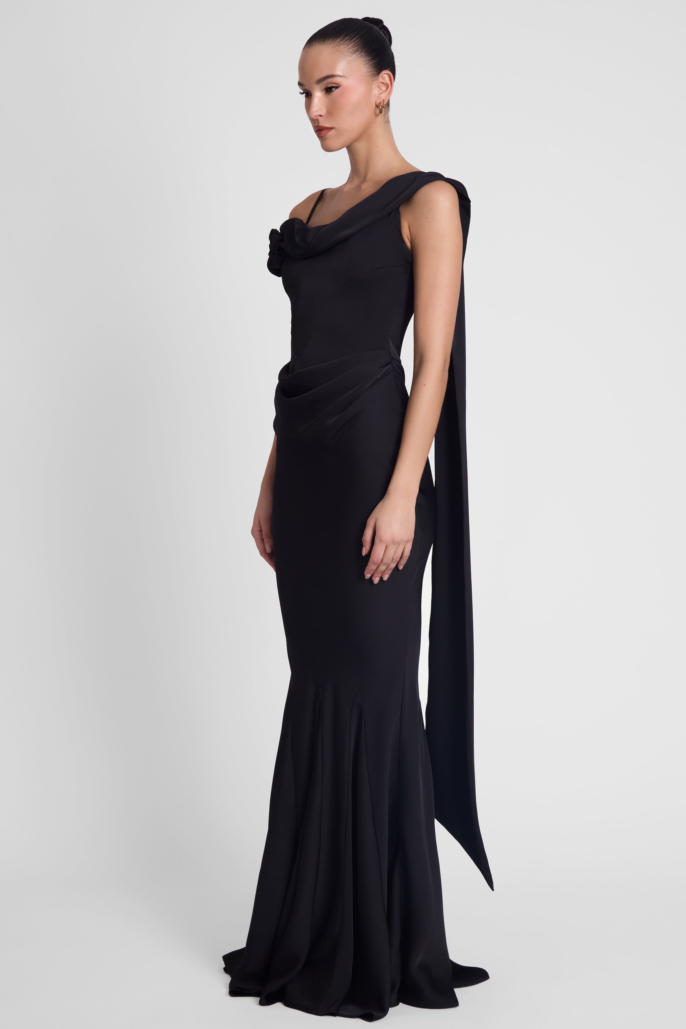 Celine Corset Drape Satin Gown - Black