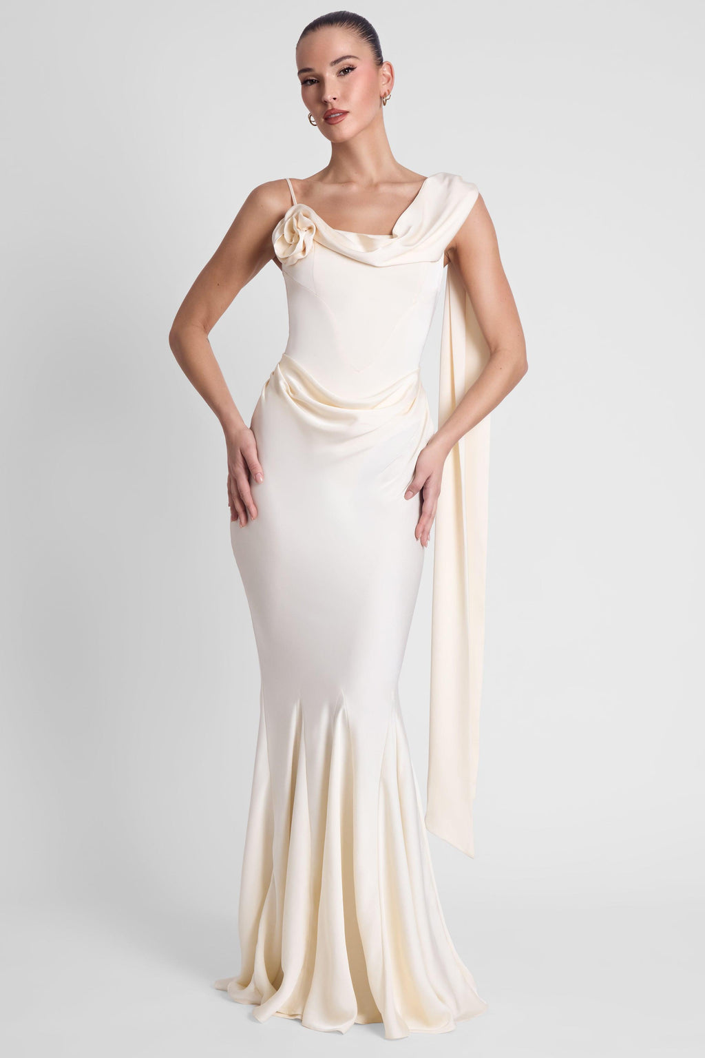 LEAU - Celine Corset Drape Satin Gown in Ivory LEAU - Celine Corset Drape Satin Gown in Ivory
