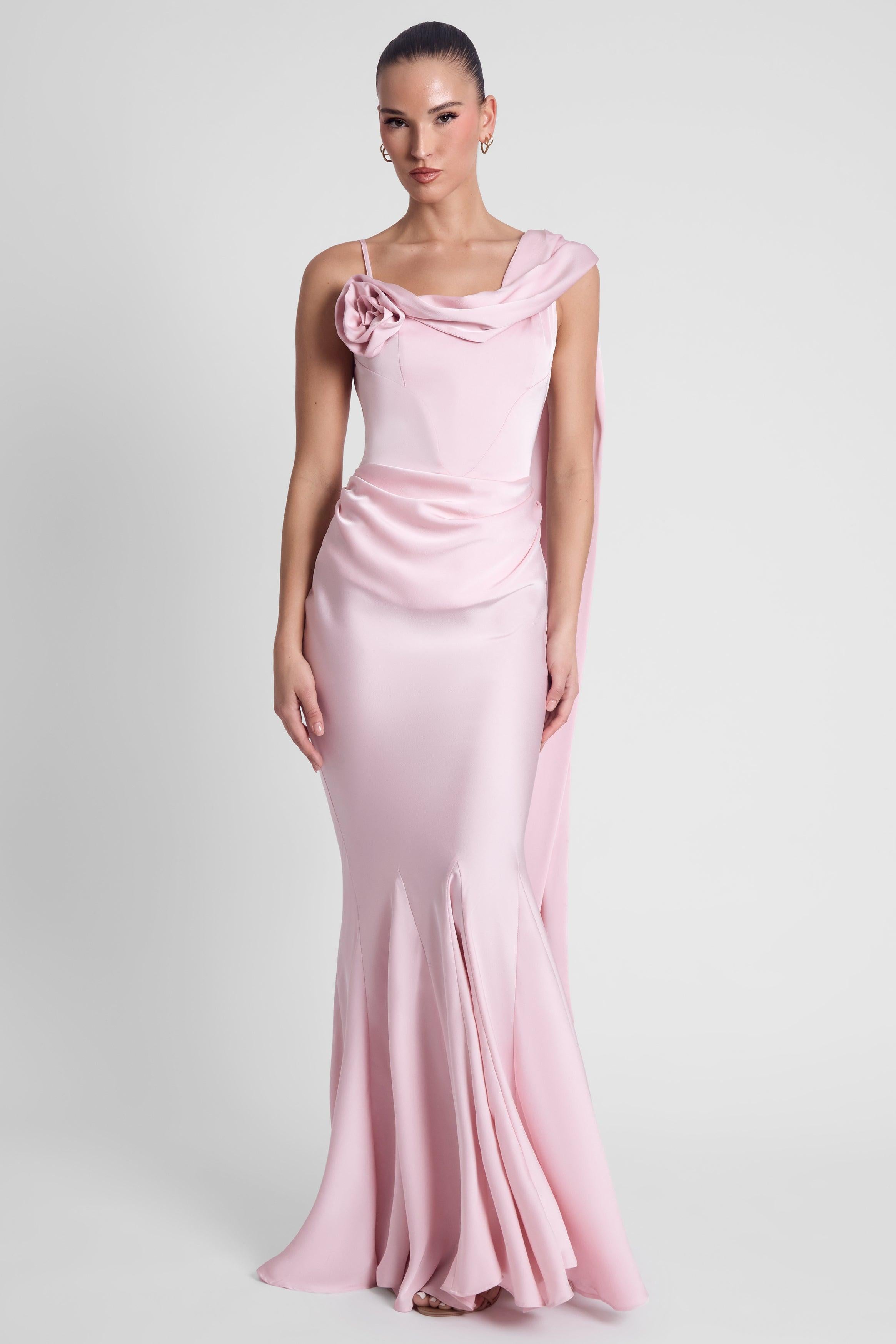 Celine Corset Drape Satin Gown - Pink