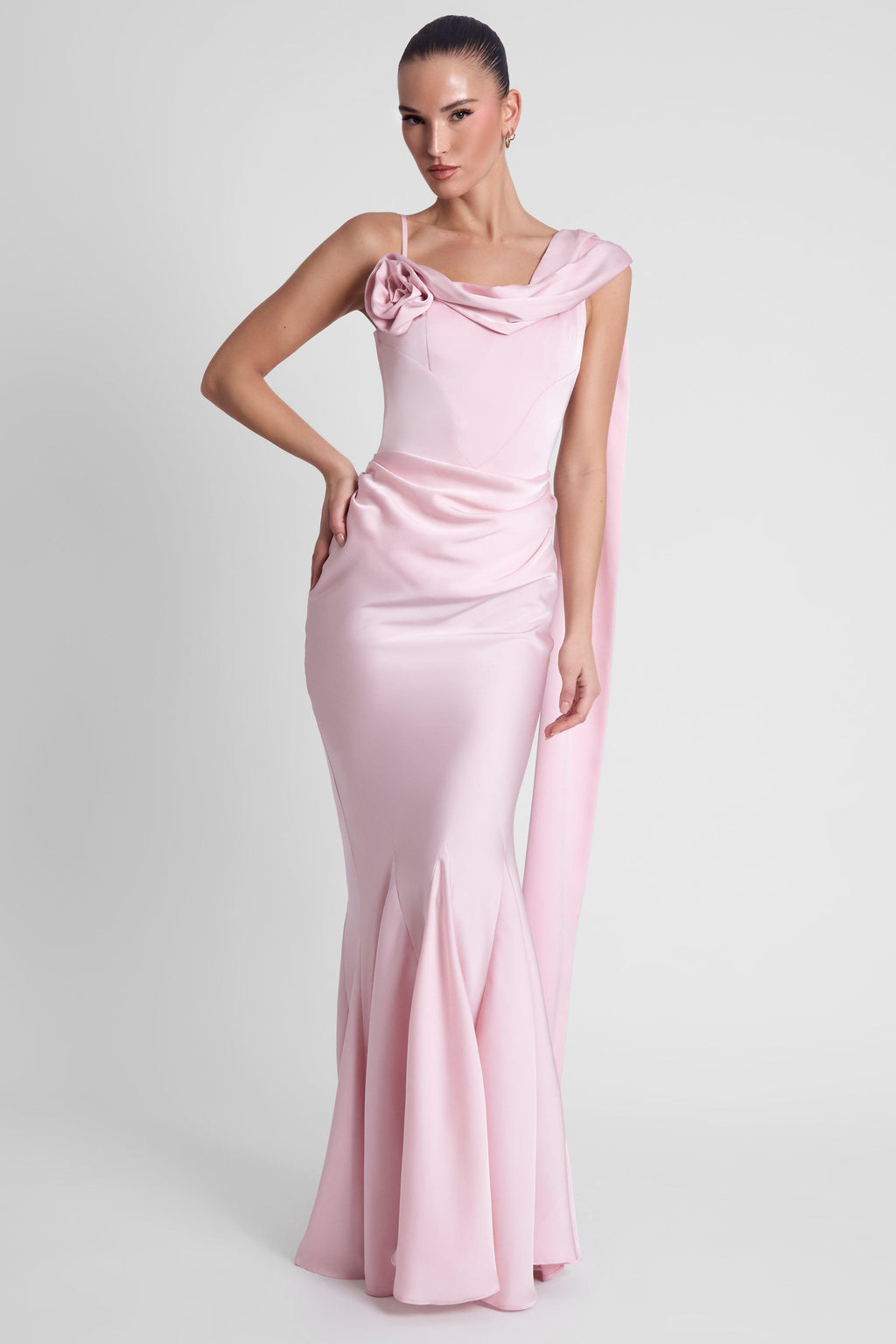 Celine Corset Drape Satin Gown - Pink