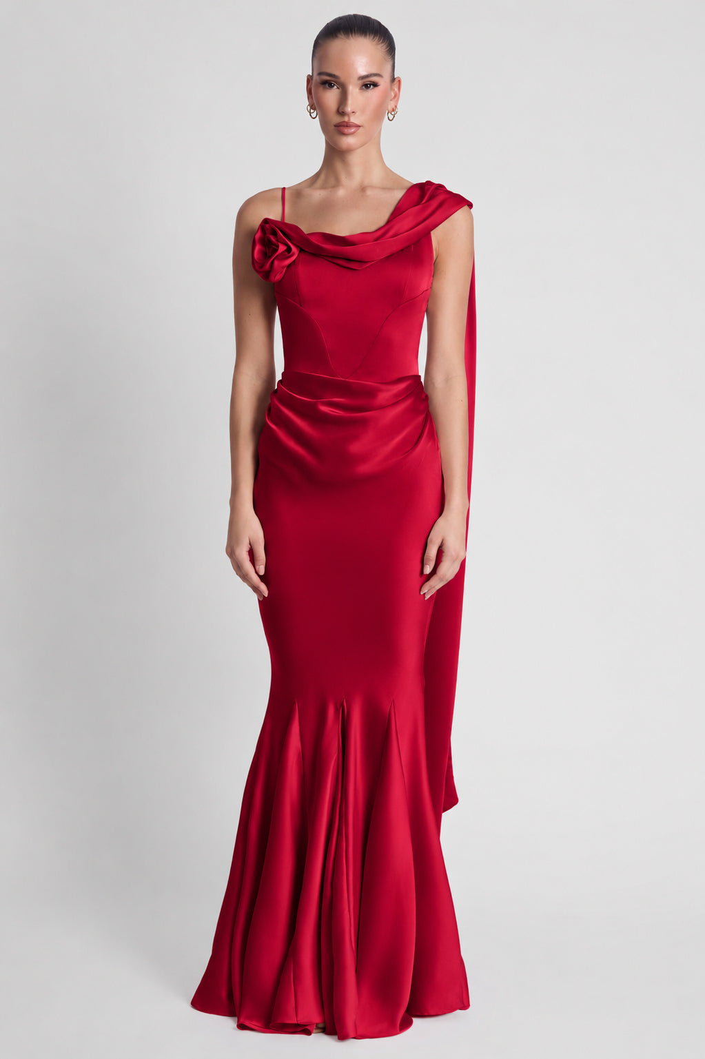 Celine Corset Drape Satin Gown - Red.