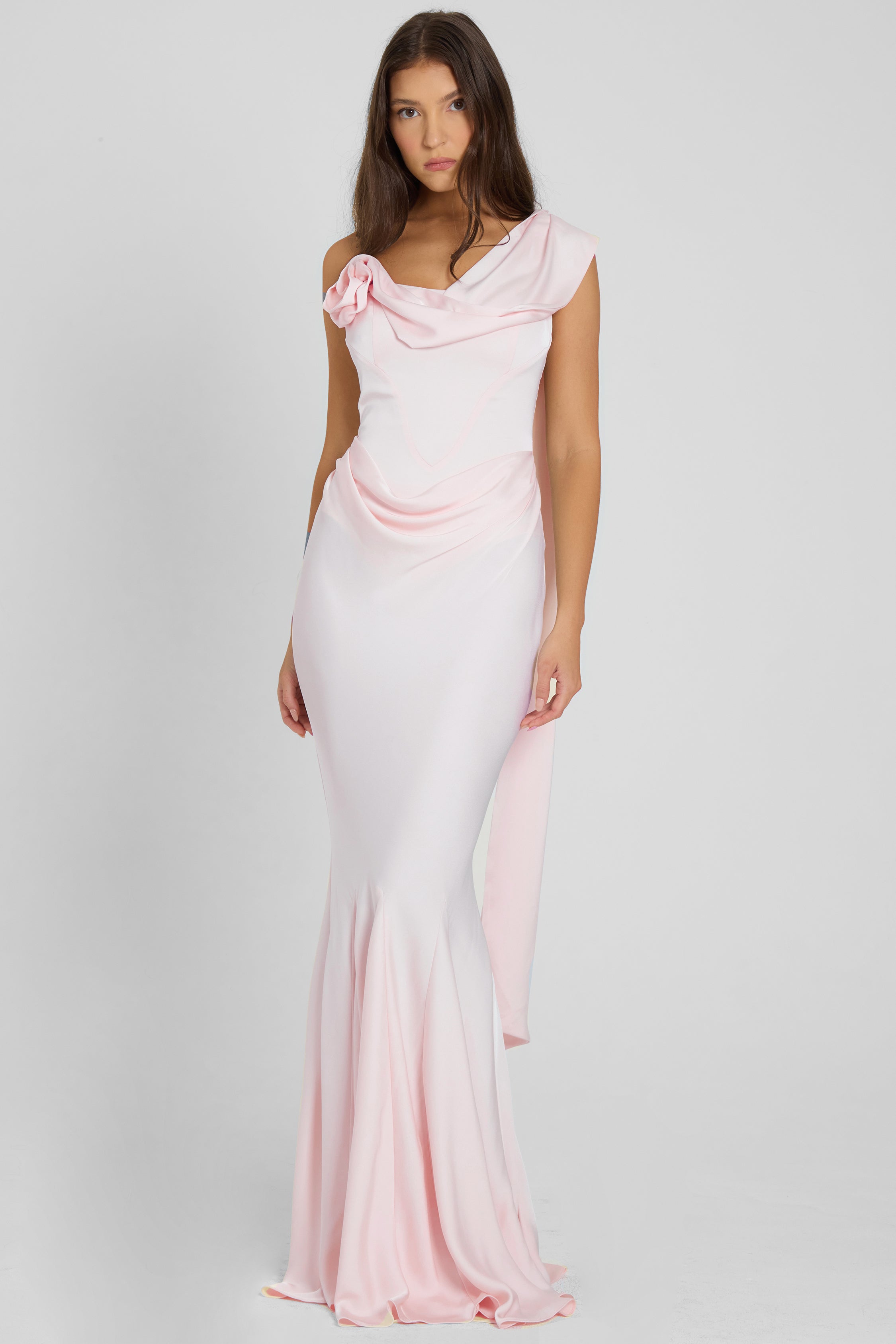 Celine Corset Drape Satin Gown - Pink