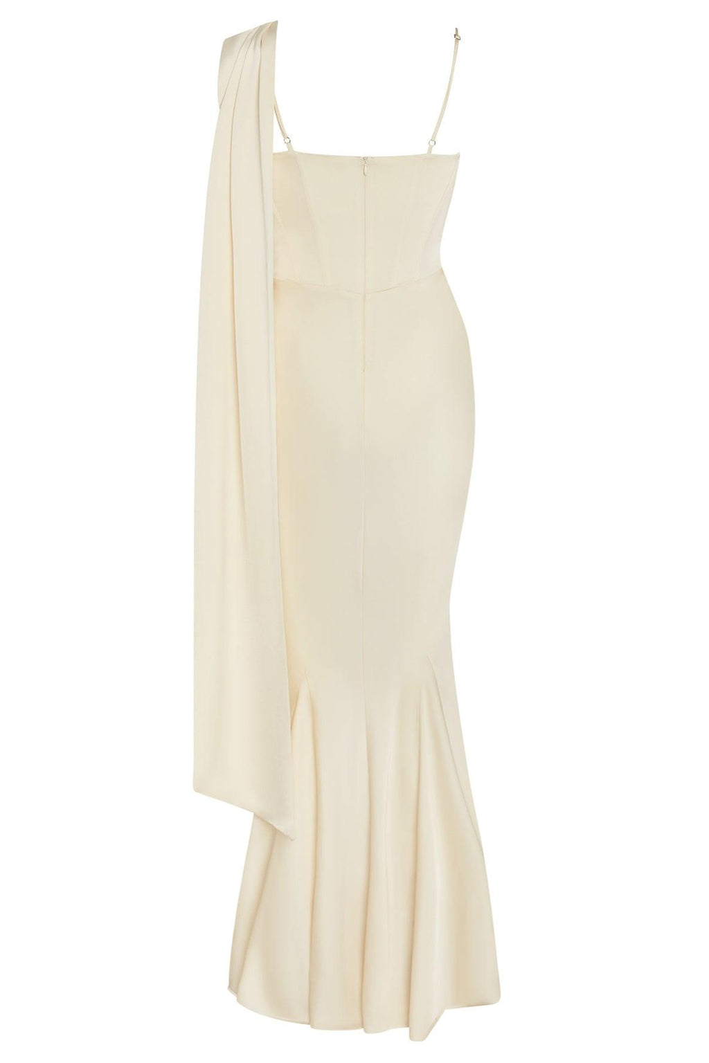 Celine Corset Drape Satin Gown in Ivory, back view.