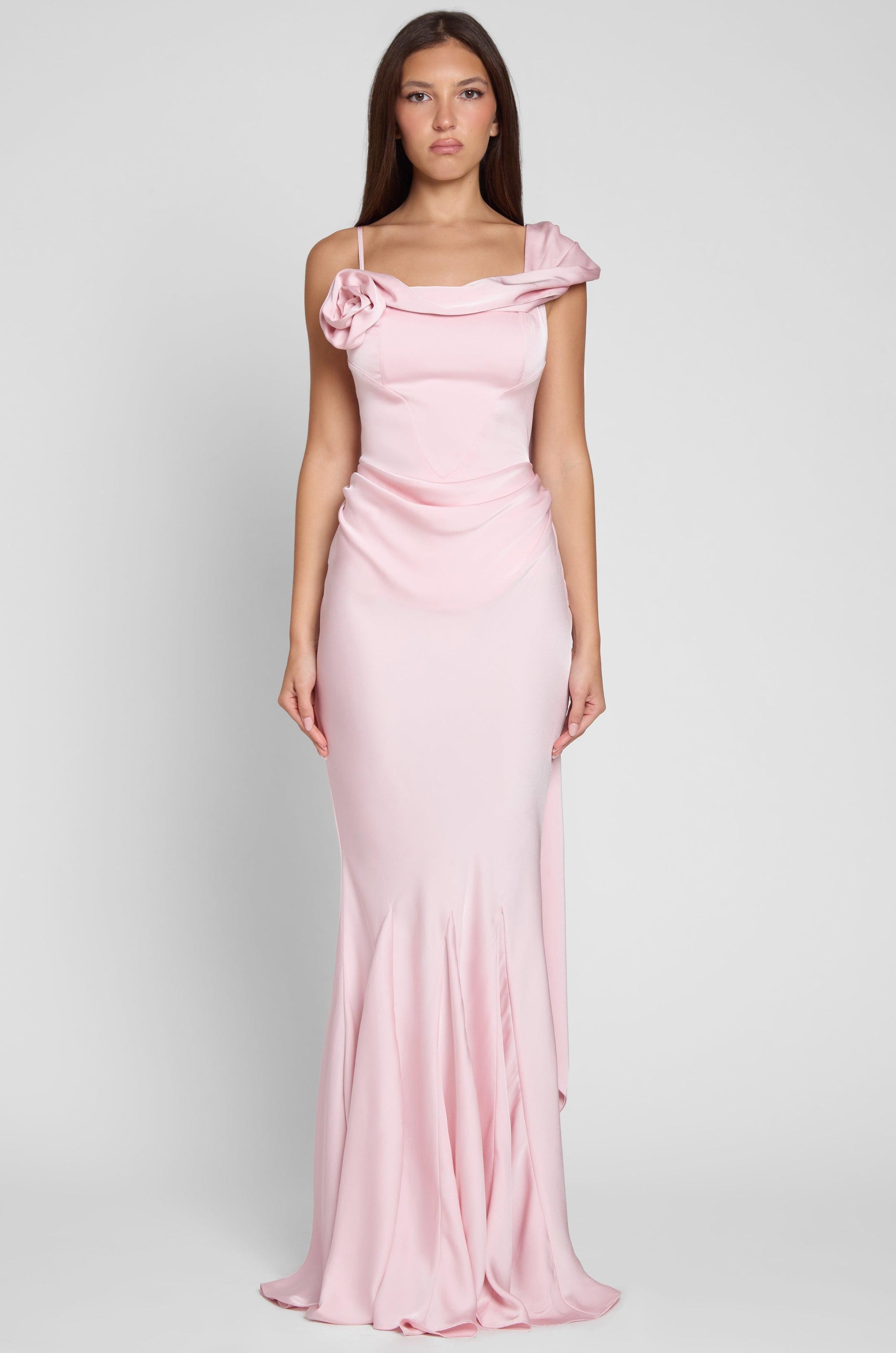 Lace-Up Back Corset-Inspired Satin A-Line Gown Cinnamon Rose