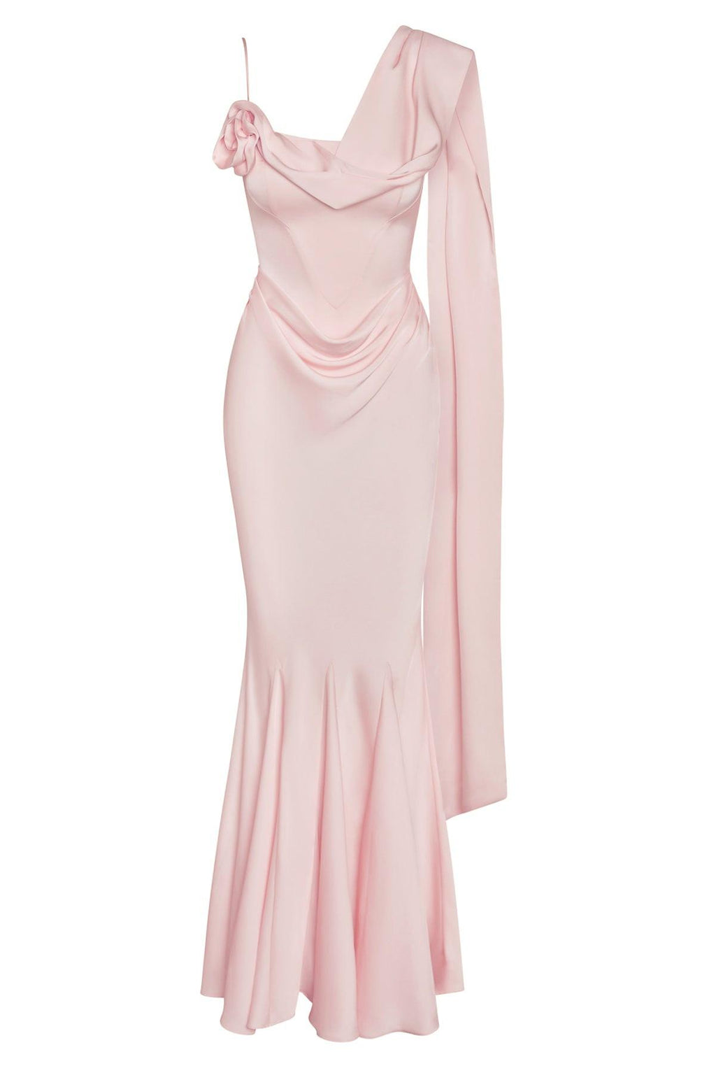 Celine Corset Drape Satin Gown in Pink, front view.