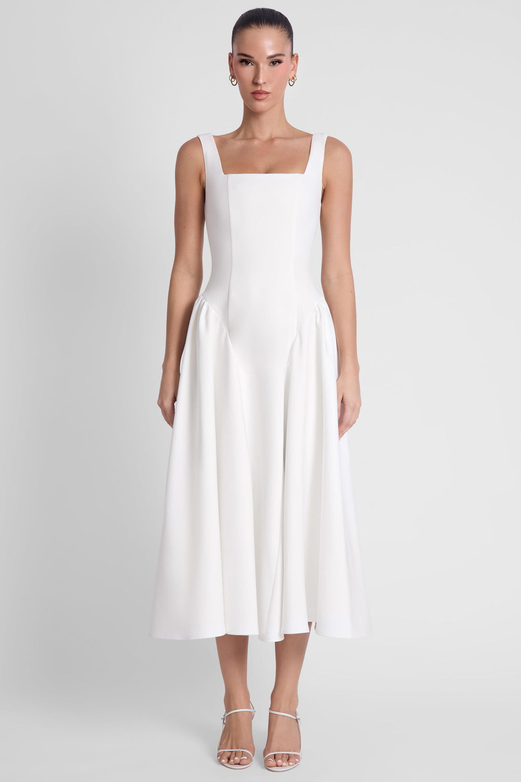 white midi occasion dress White Midi Dress: Open Back Fit & Flare Cocktail Outfit