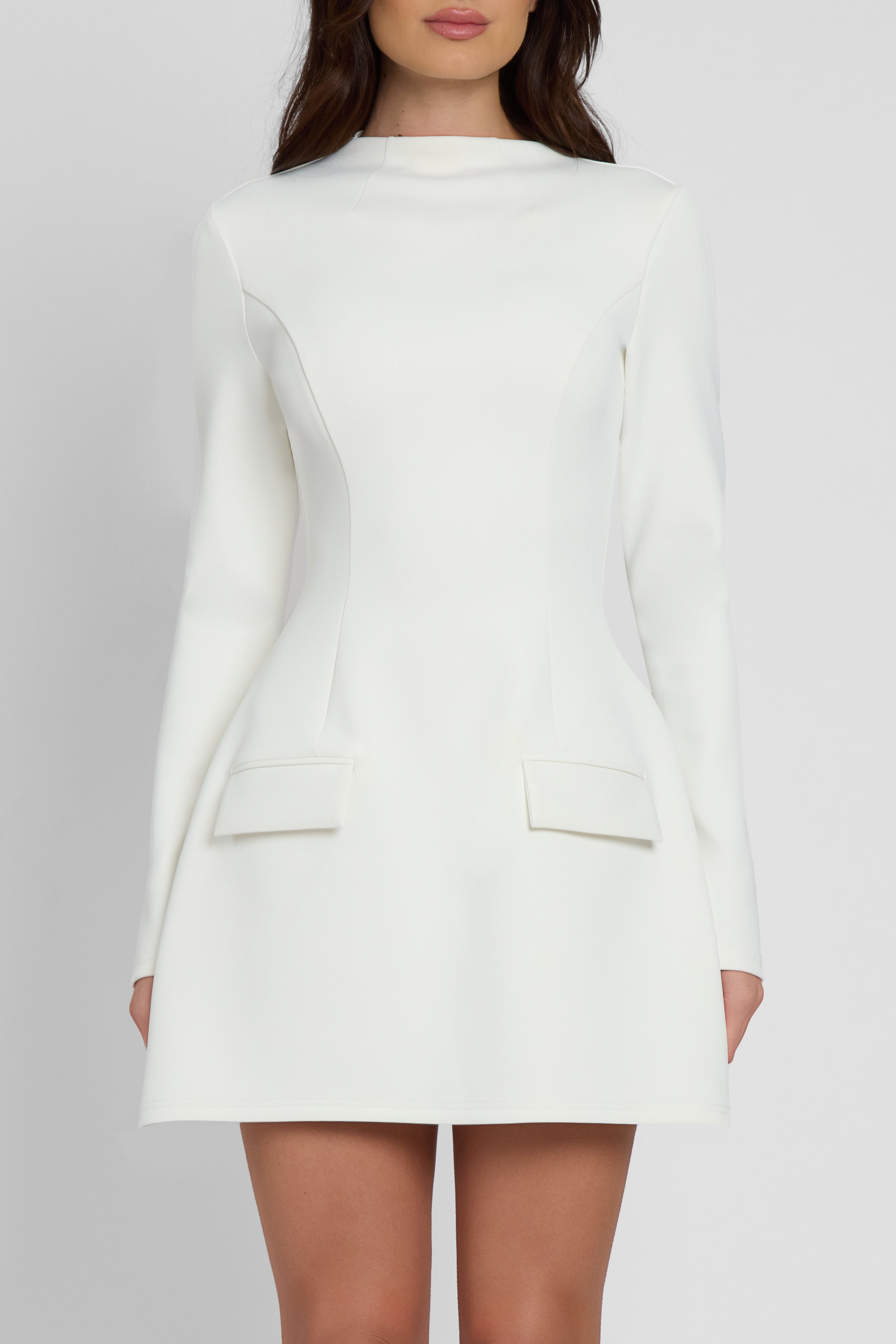 Logan Long Sleeve Pocket Mini Dress - White.