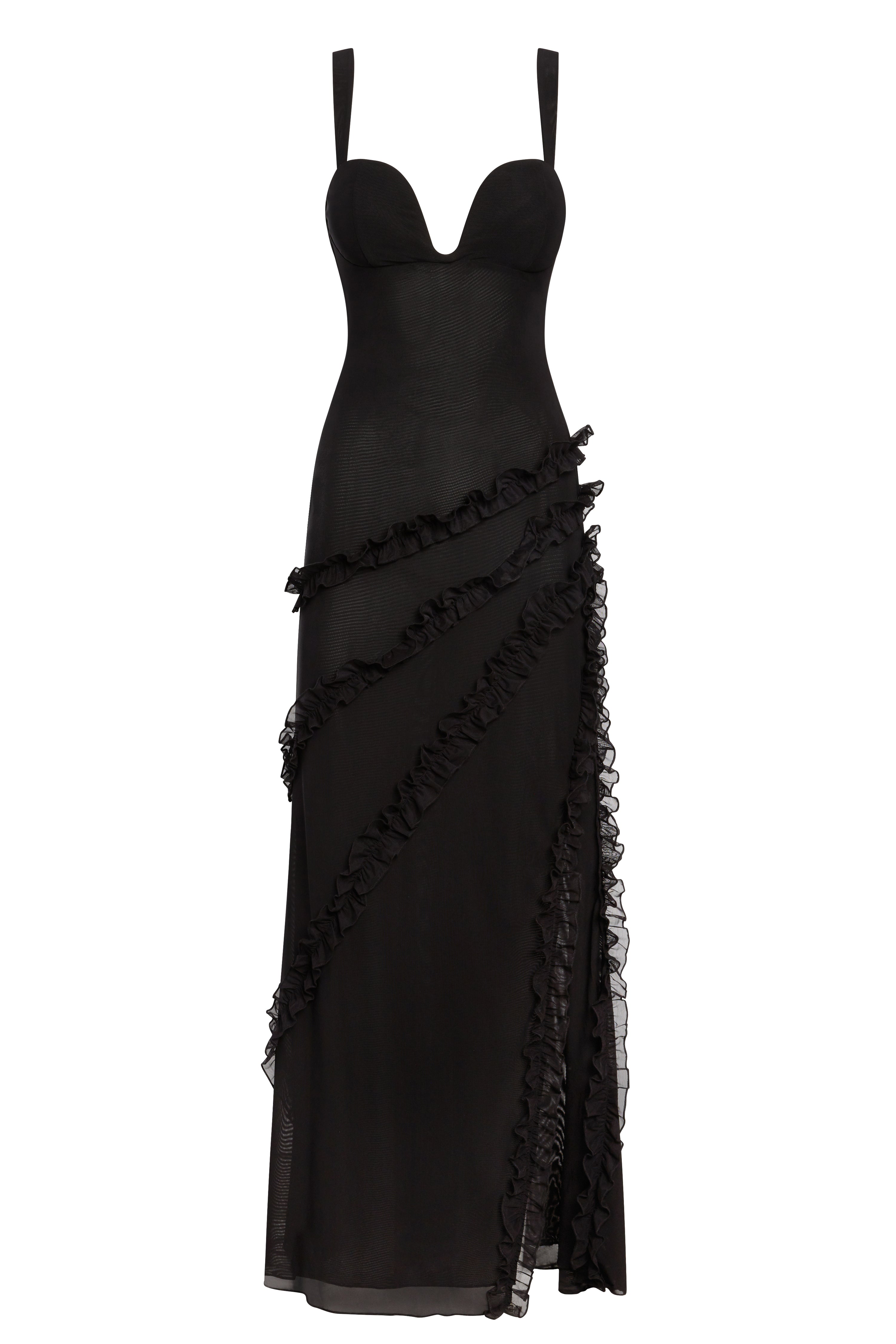 Belle Bustier Ruffle Maxi Dress - Black | LEAU