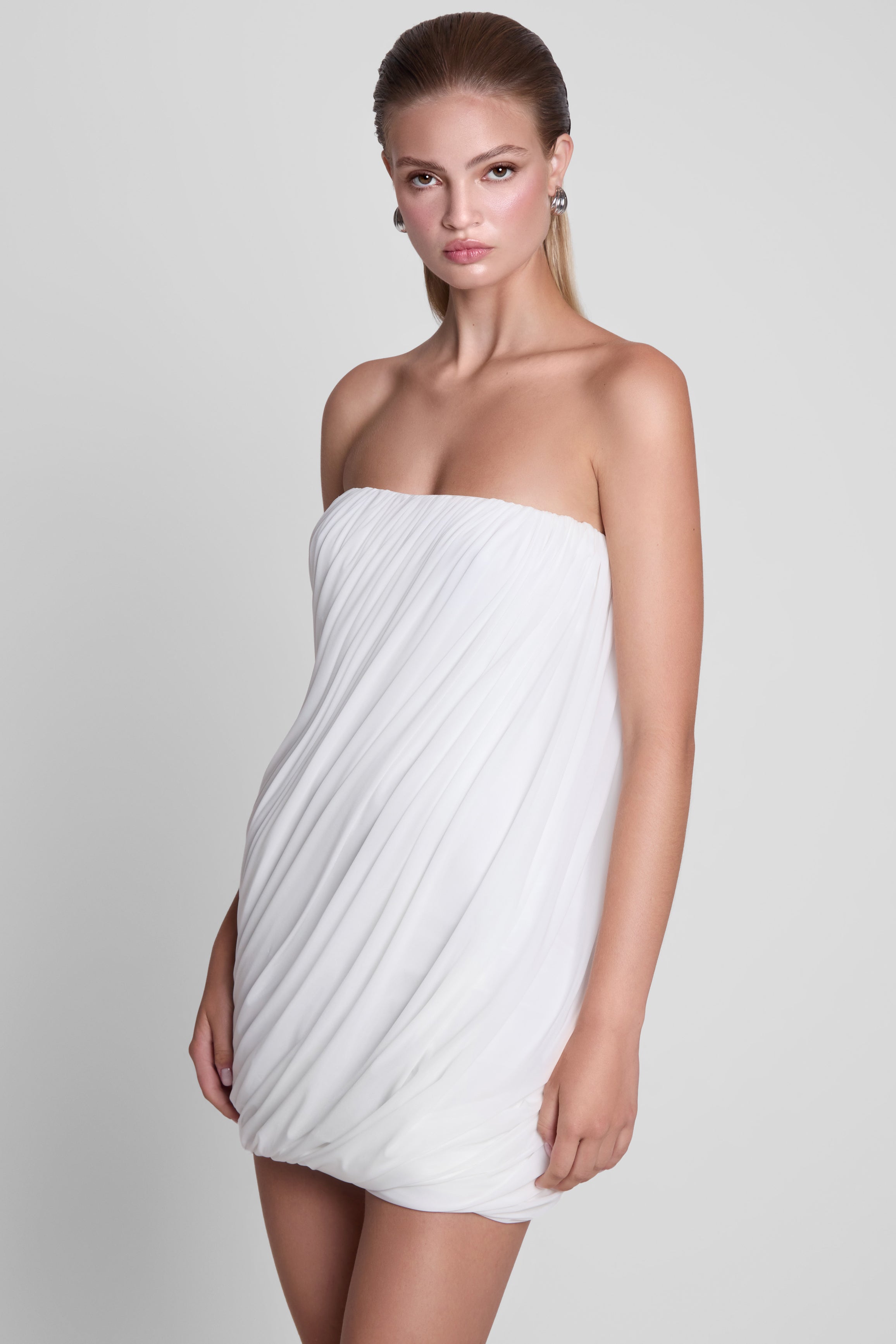 Swan Strapless Twist Drape Mini Dress - White