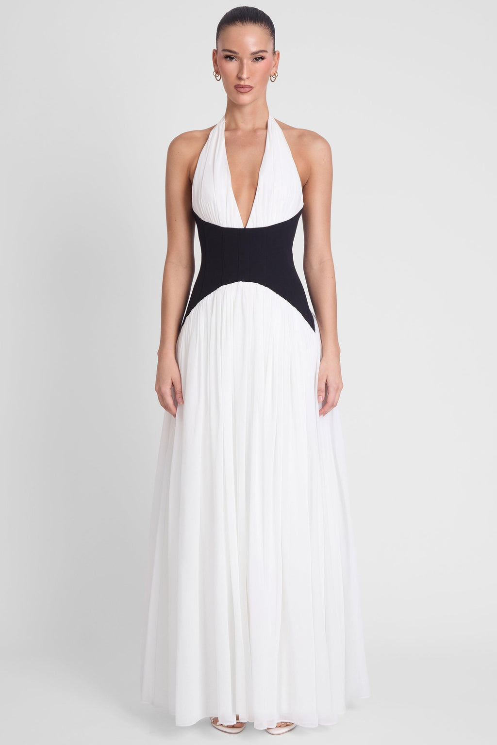 white dress with black detail Black/White Colorblock Asymmetrical Dress