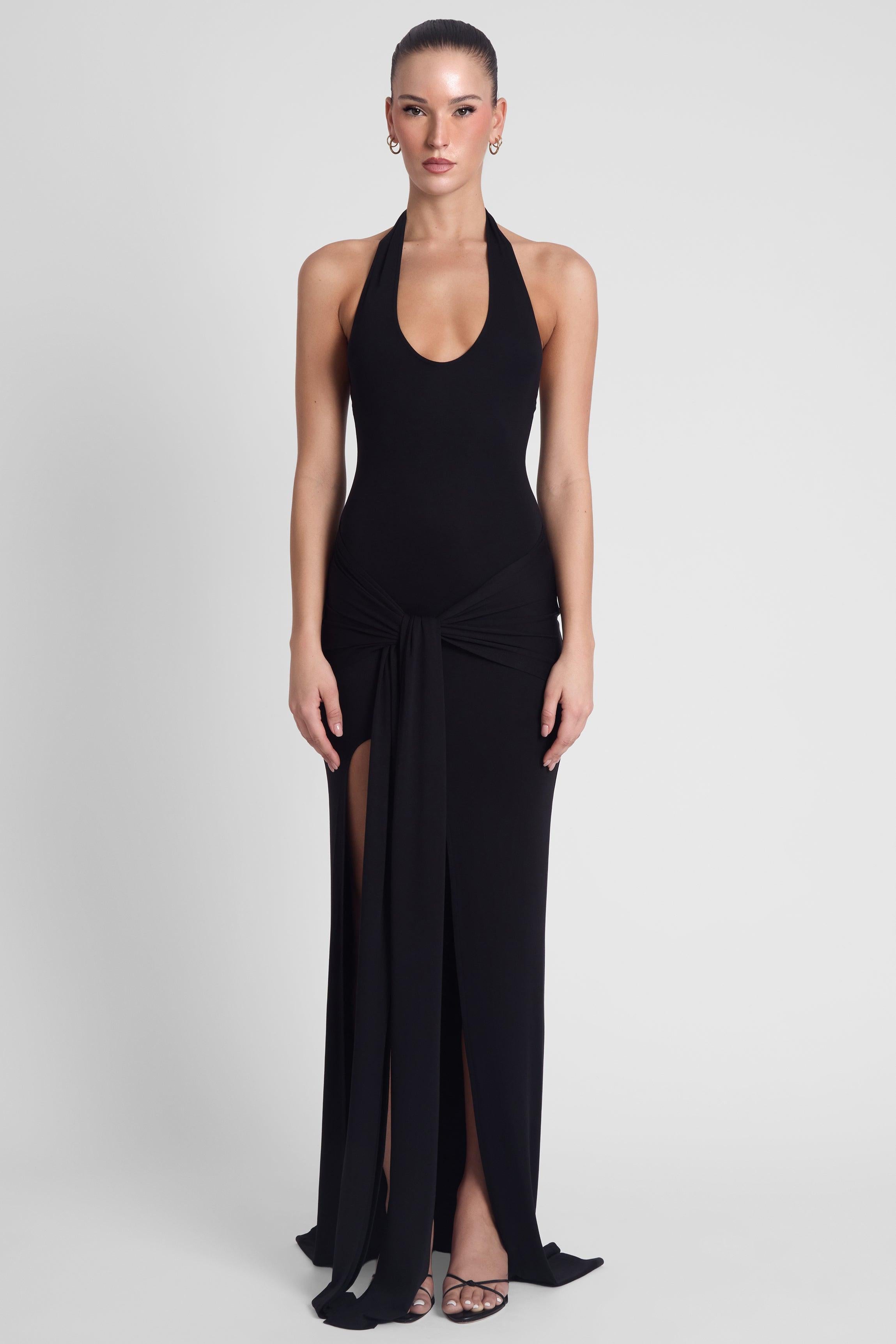 Heaven Halter Jersey Knot Maxi Dress - Black
