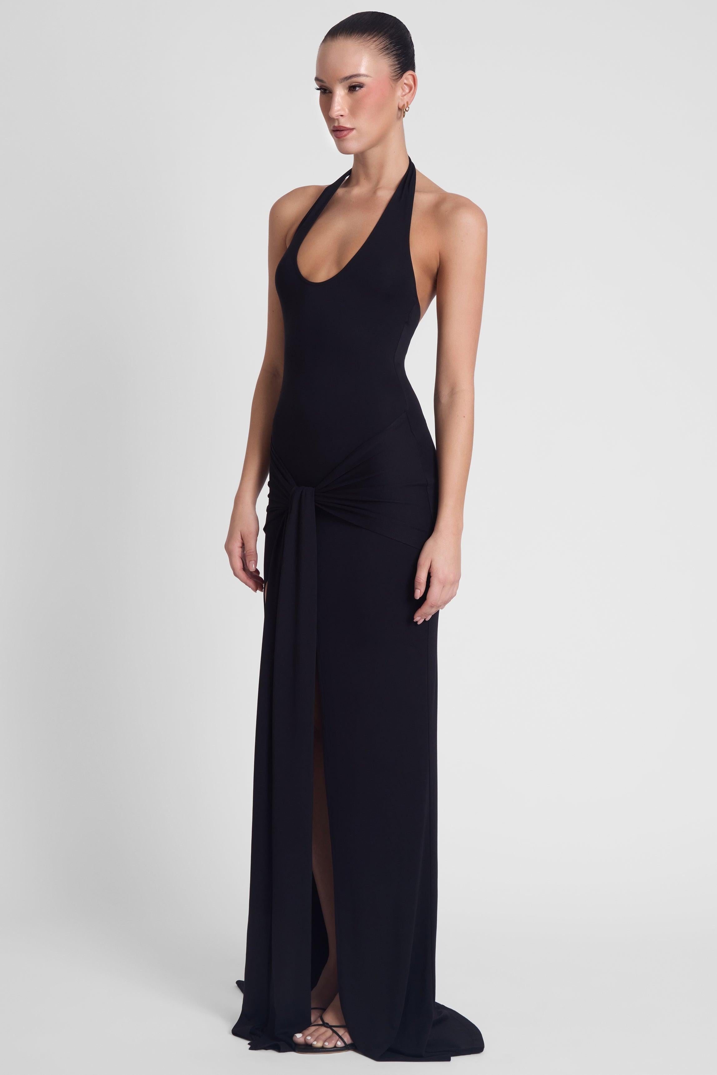Heaven Halter Jersey Knot Maxi Dress - Black