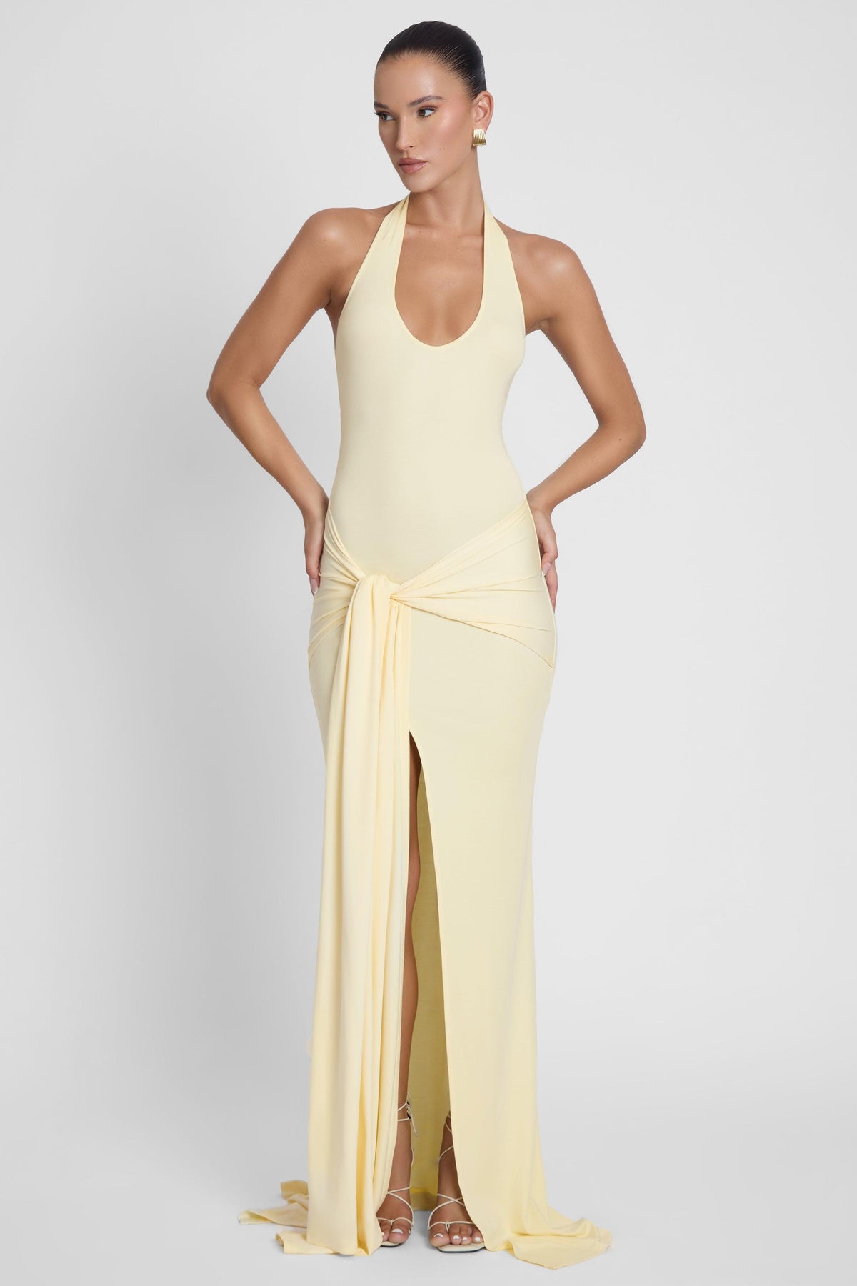 Heaven Halter Jersey Knot Maxi Dress - Yellow – LEAU