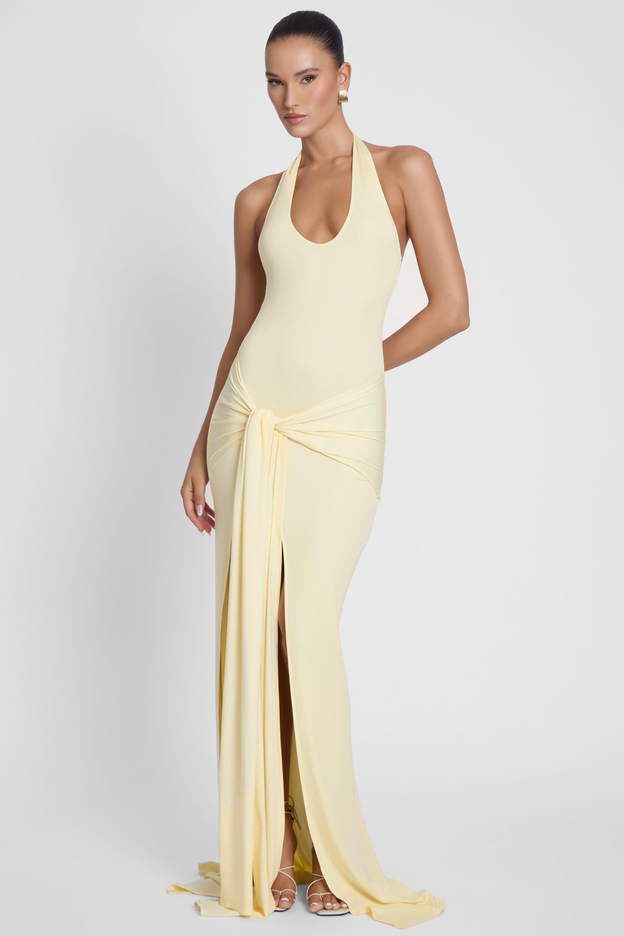 jersey halter maxi dress Women's Soft Jersey Twist-Front Halter Maxi Dress in Ivory size XL