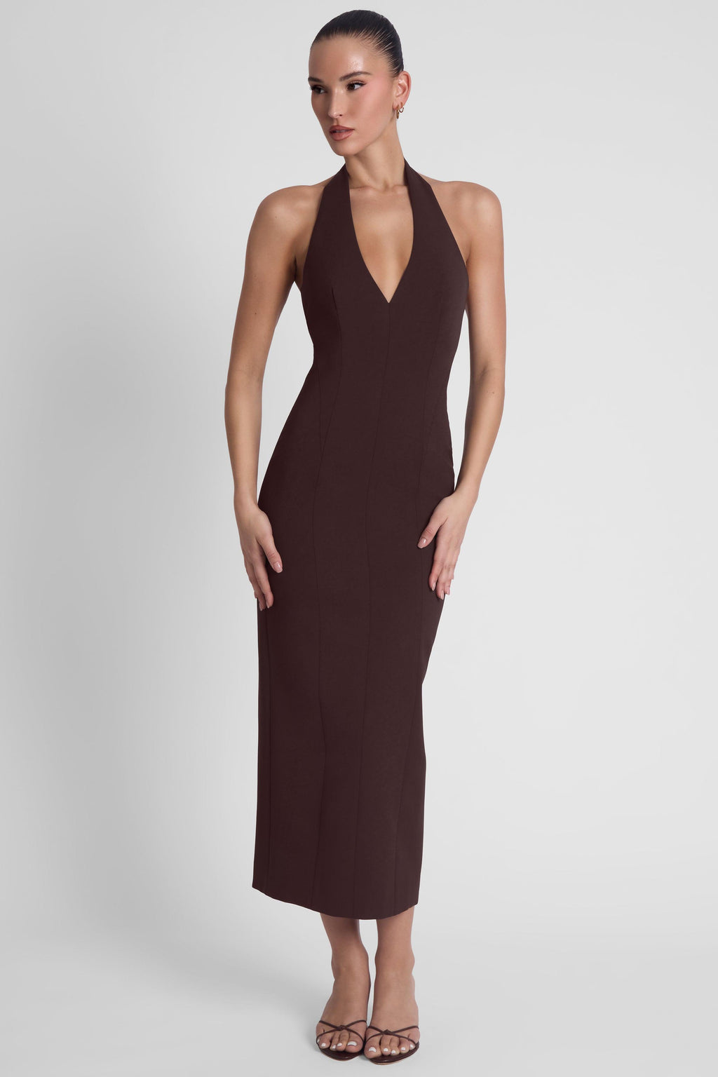 Heiress Halter Midi Dress - Chocolate Brown