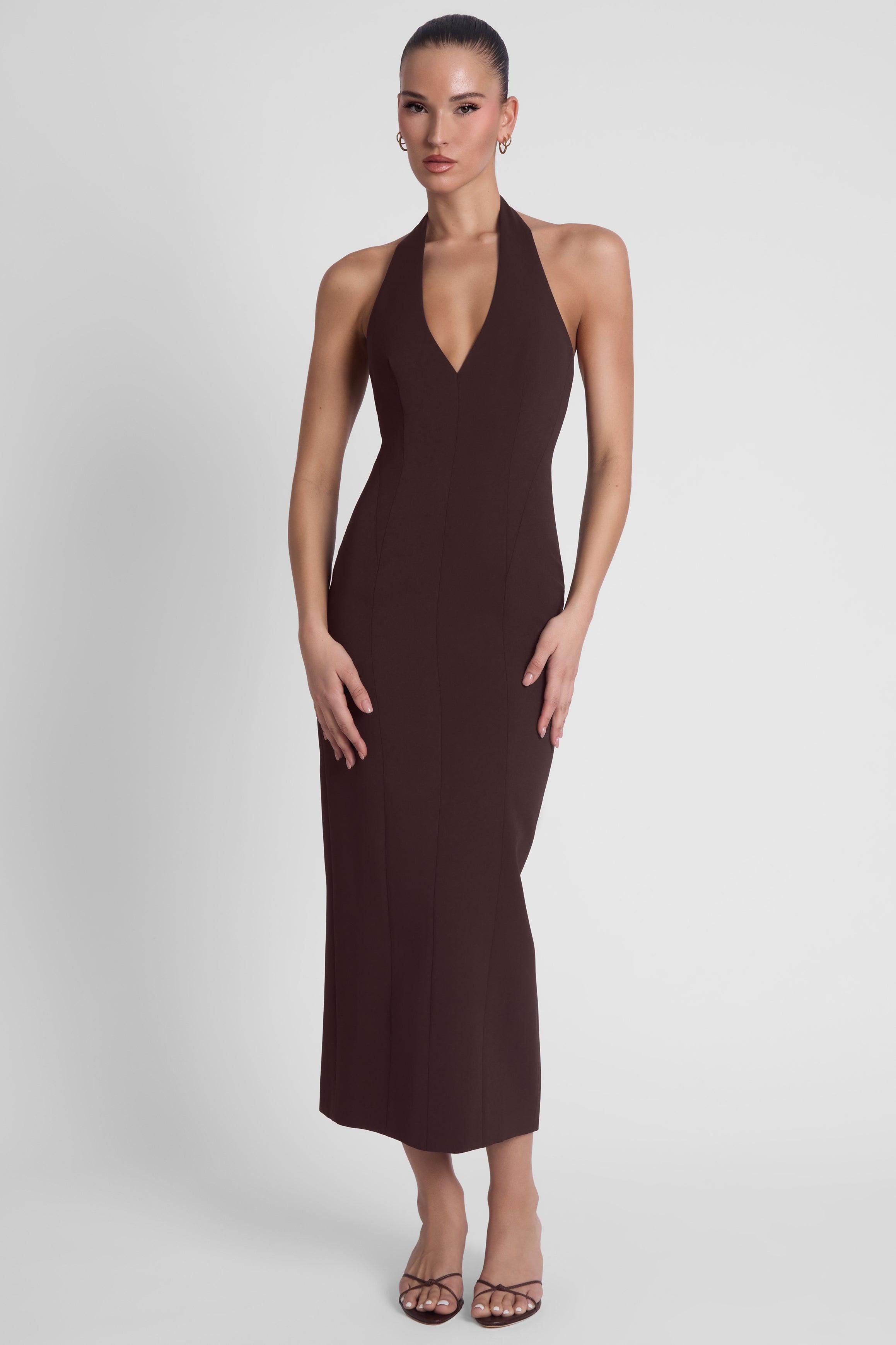 Heiress Halter Midi Dress - Chocolate Brown