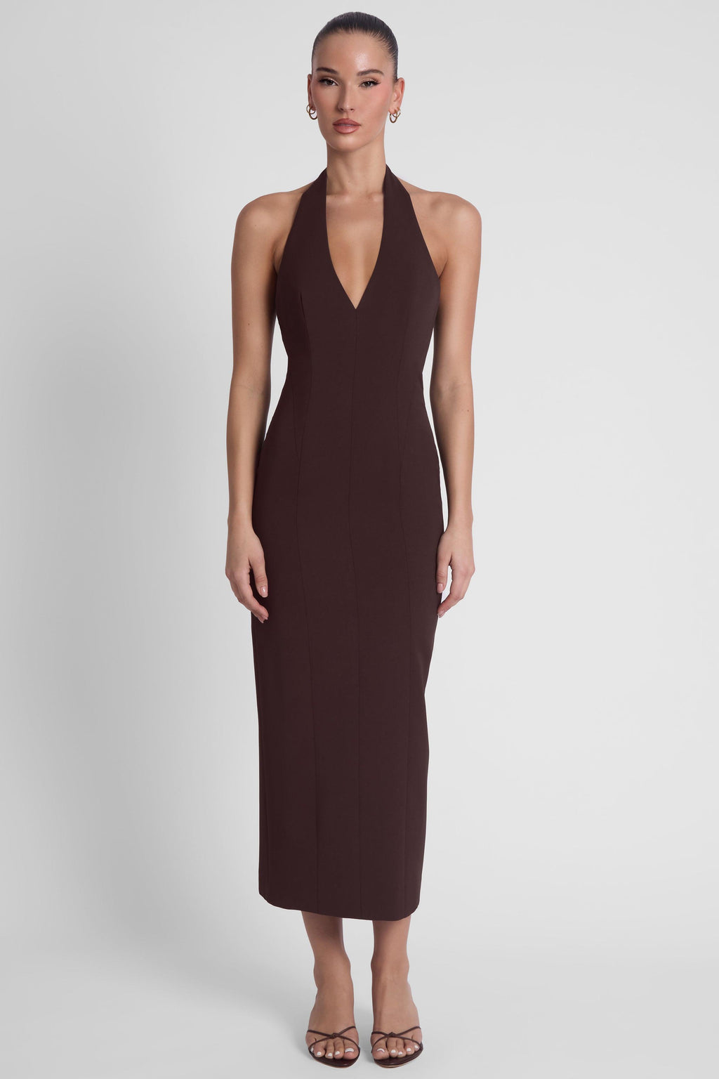 Heiress Halter Midi Dress - Chocolate Brown