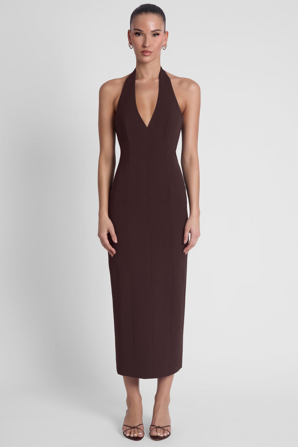 Heiress Halter Midi Dress - Chocolate Brown