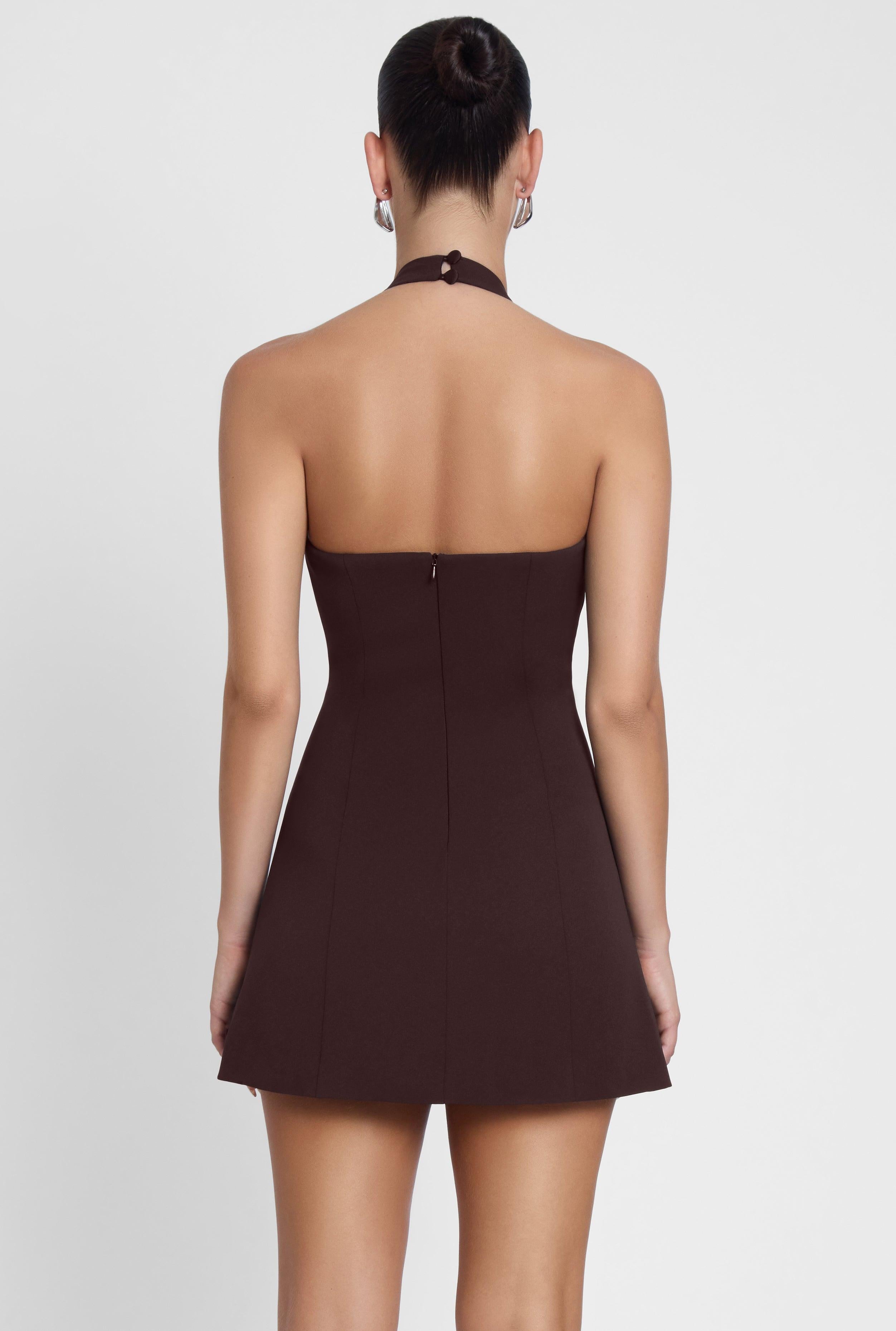 Hera Halter Mini Dress - Chocolate Brown | LEAU