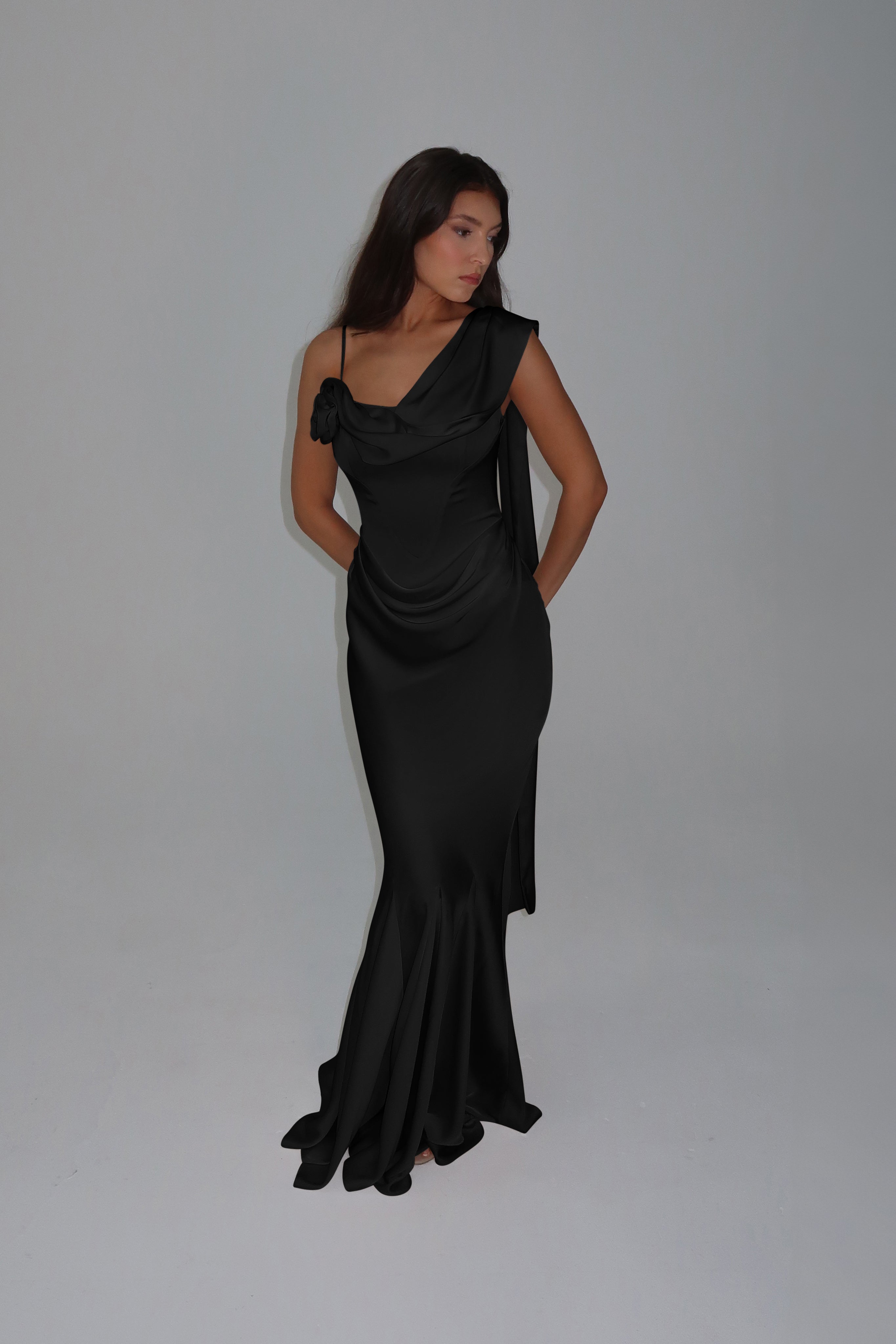 Celine Corset Drape Satin Gown - Black