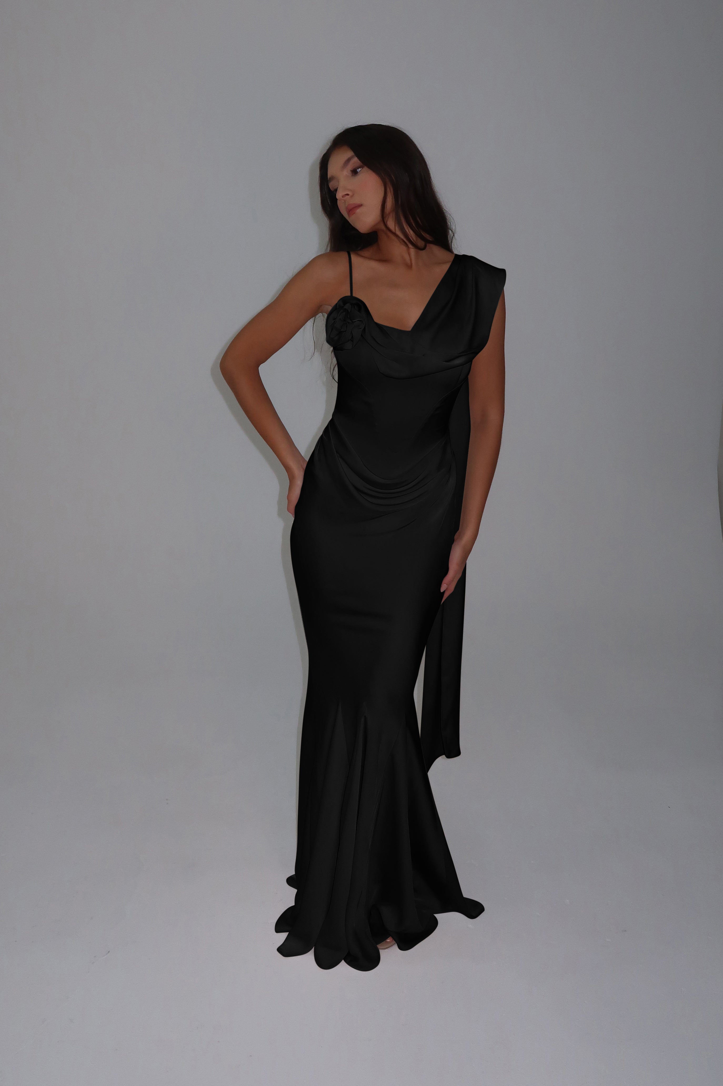 Celine Corset Drape Satin Gown - Black