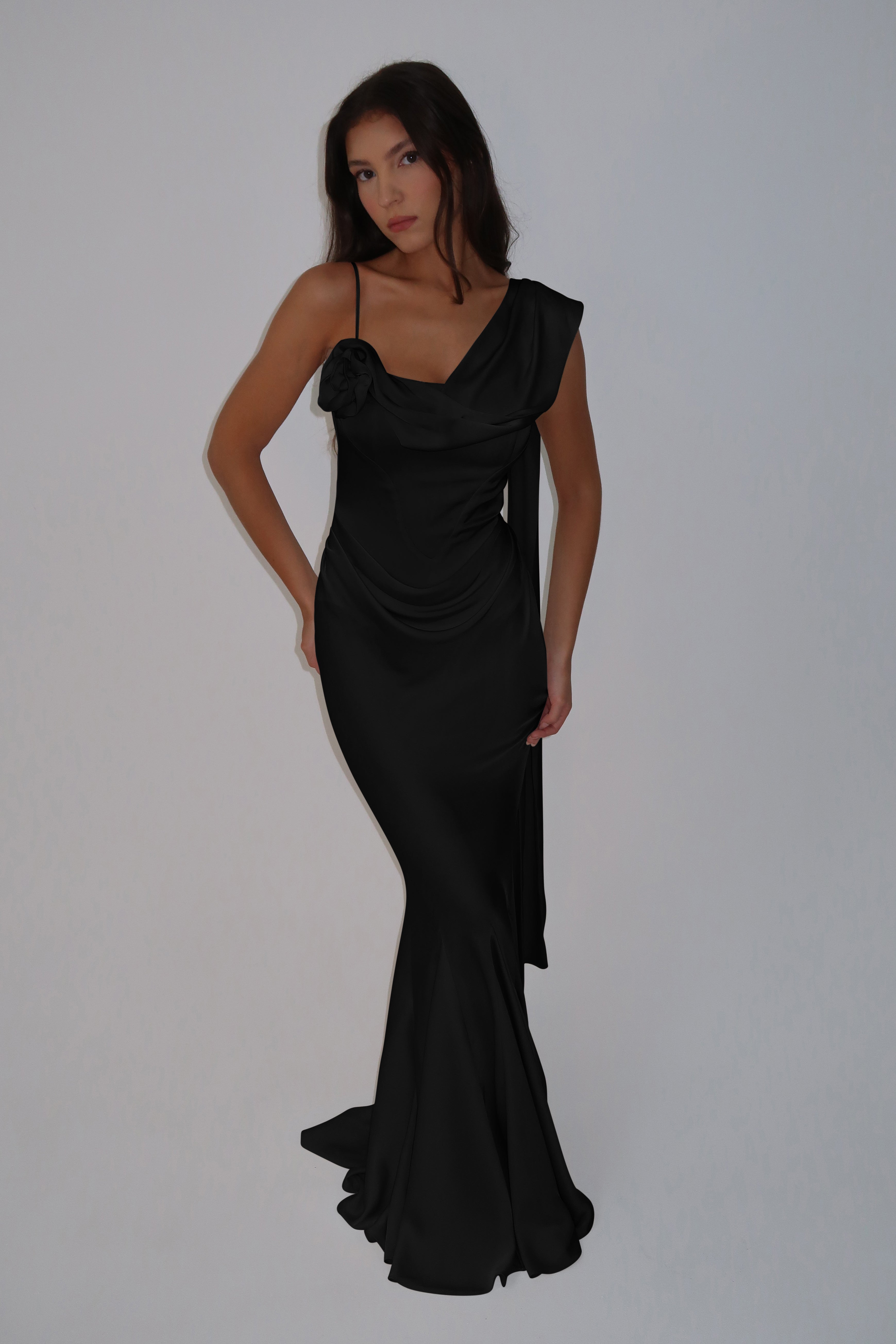 Celine Corset Drape Satin Gown - Black