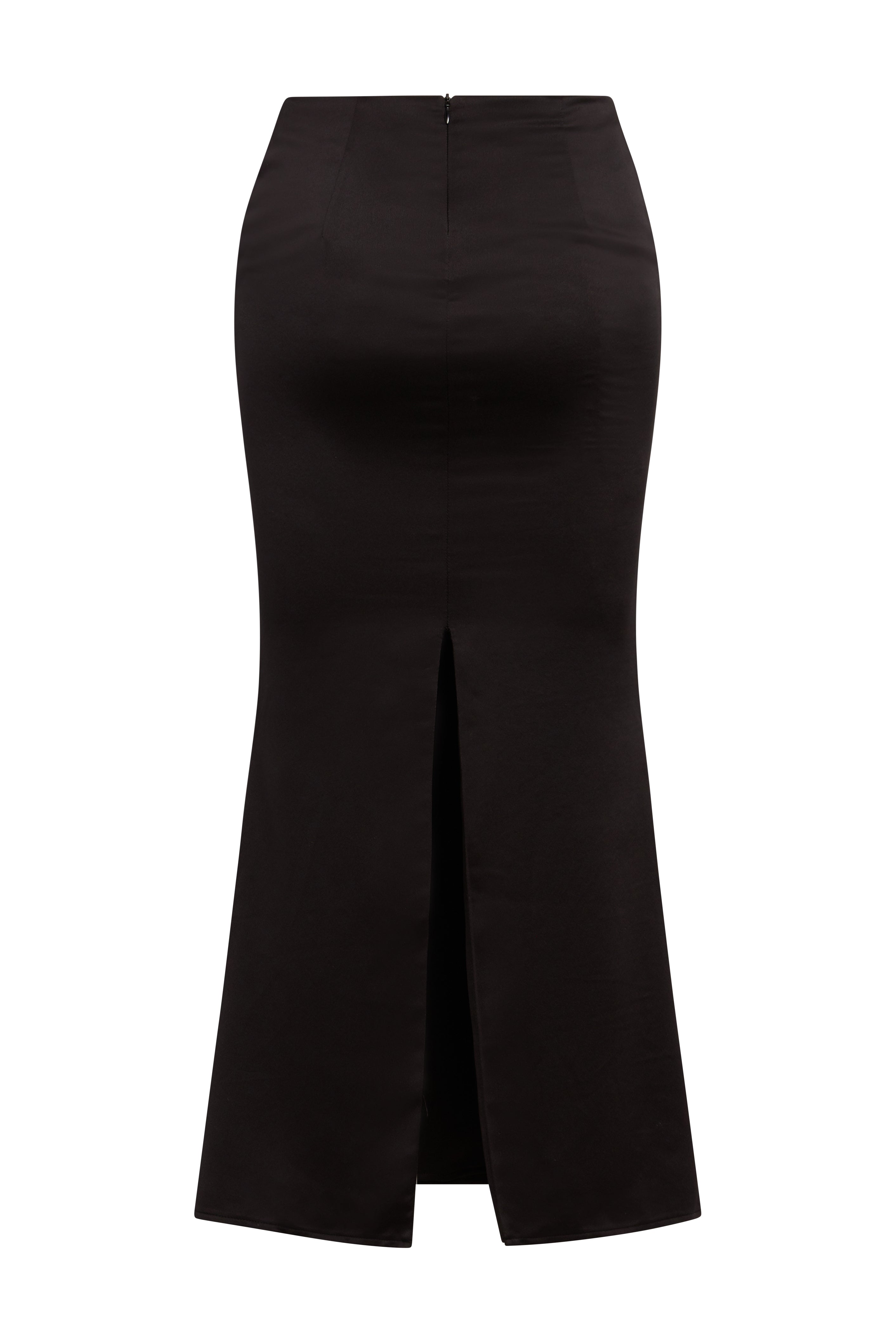 Iris Satin Midi Skirt in Black, back view.