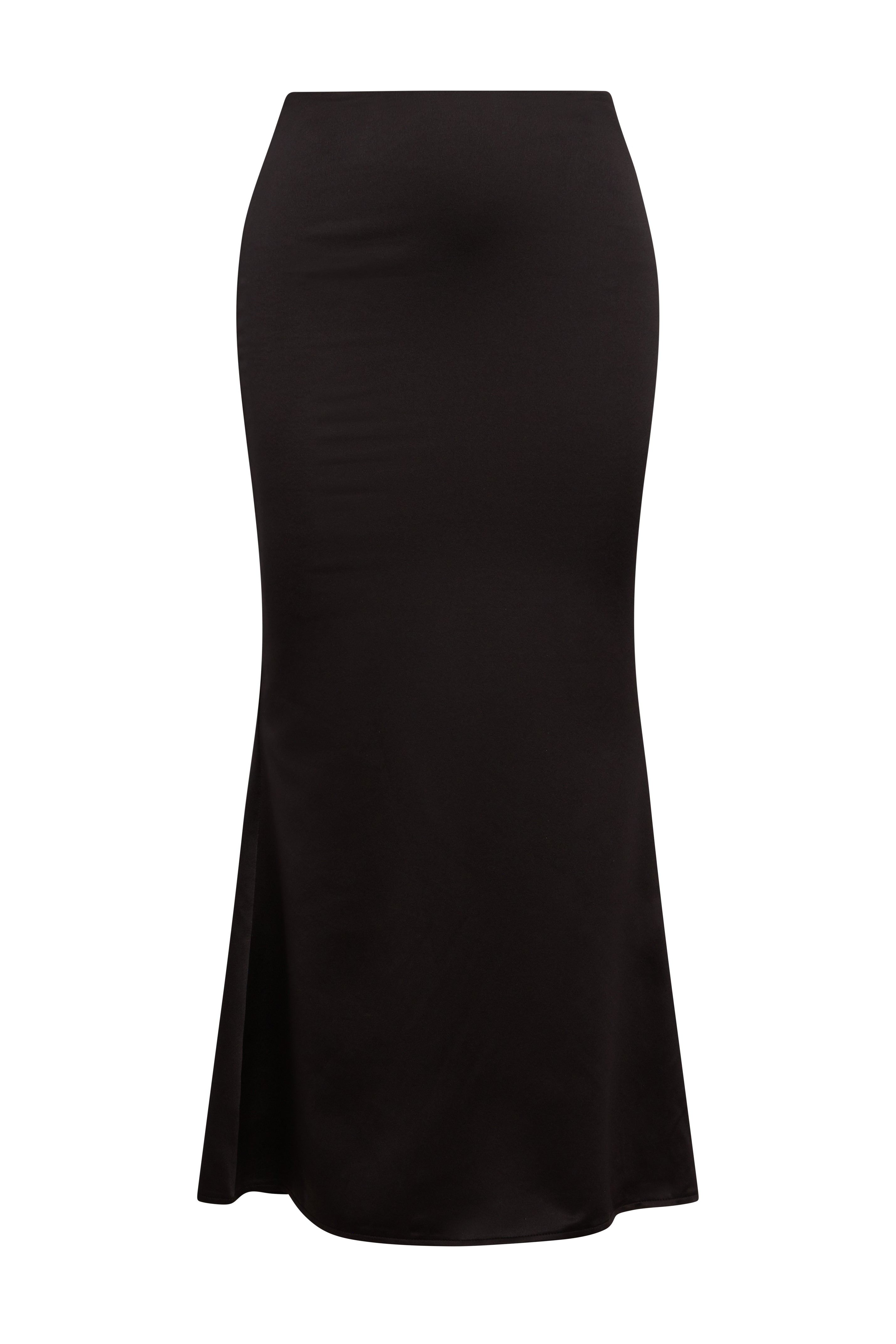 Iris Satin Midi Skirt in Black, front view.