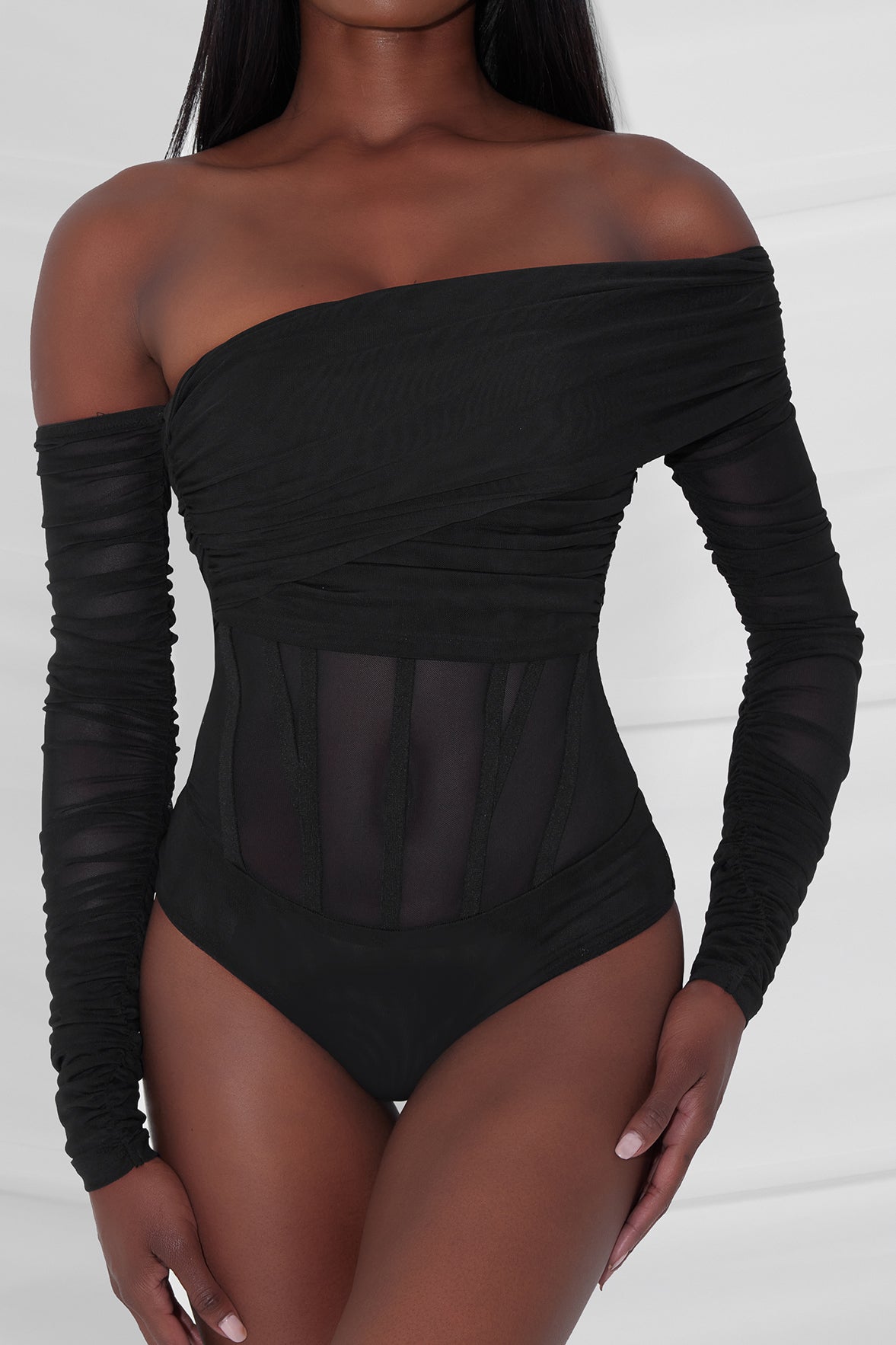 Bardot Bustier Corset Mesh Bodysuit - Black