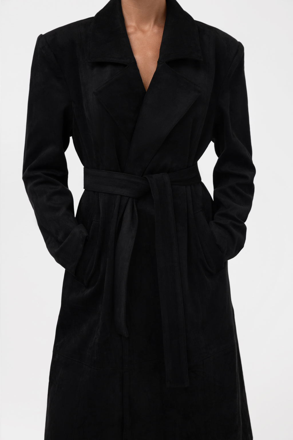Paneled Faux Suede Trench Coat - Black