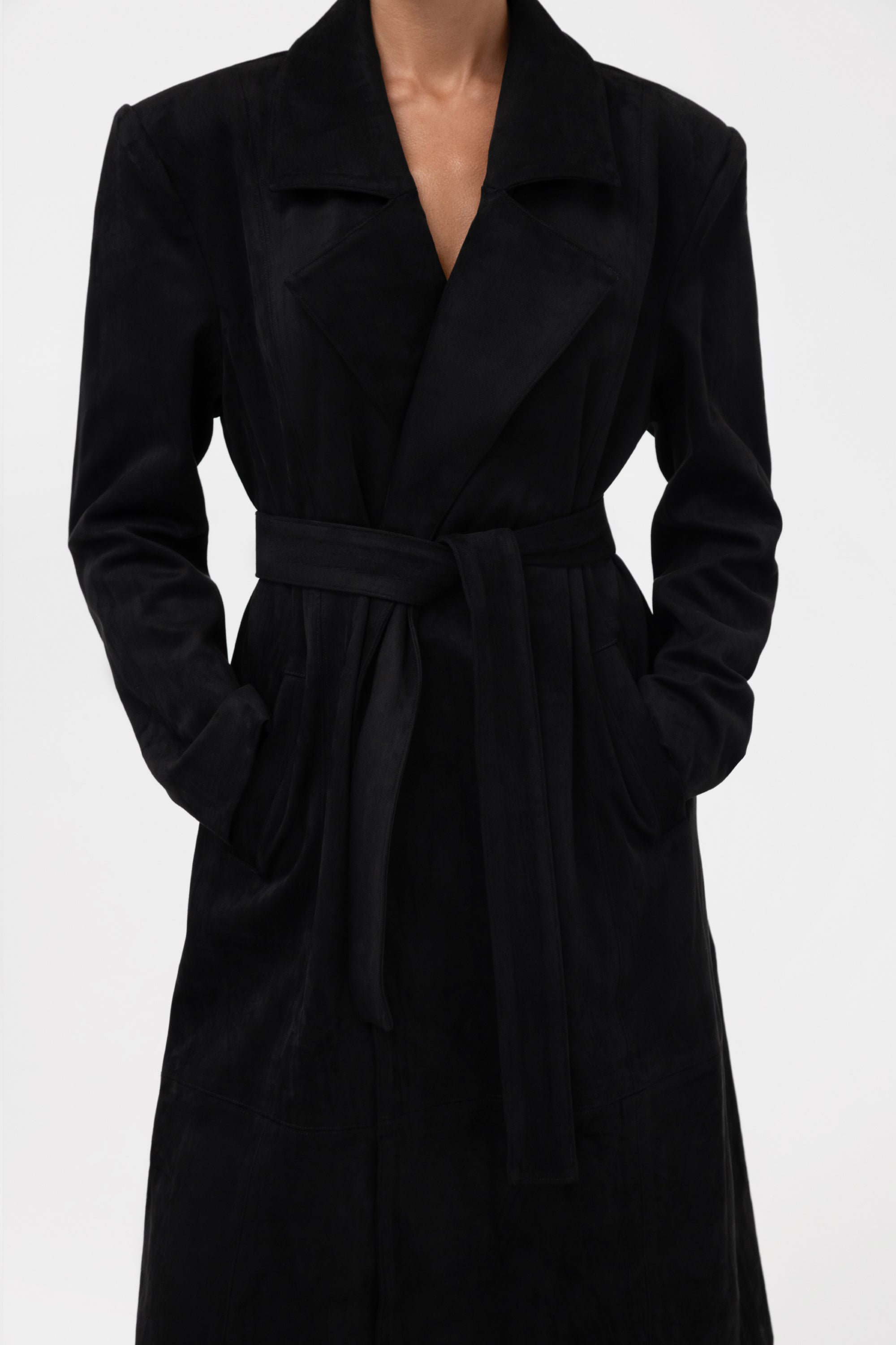 Paneled Faux Suede Trench Coat - Black