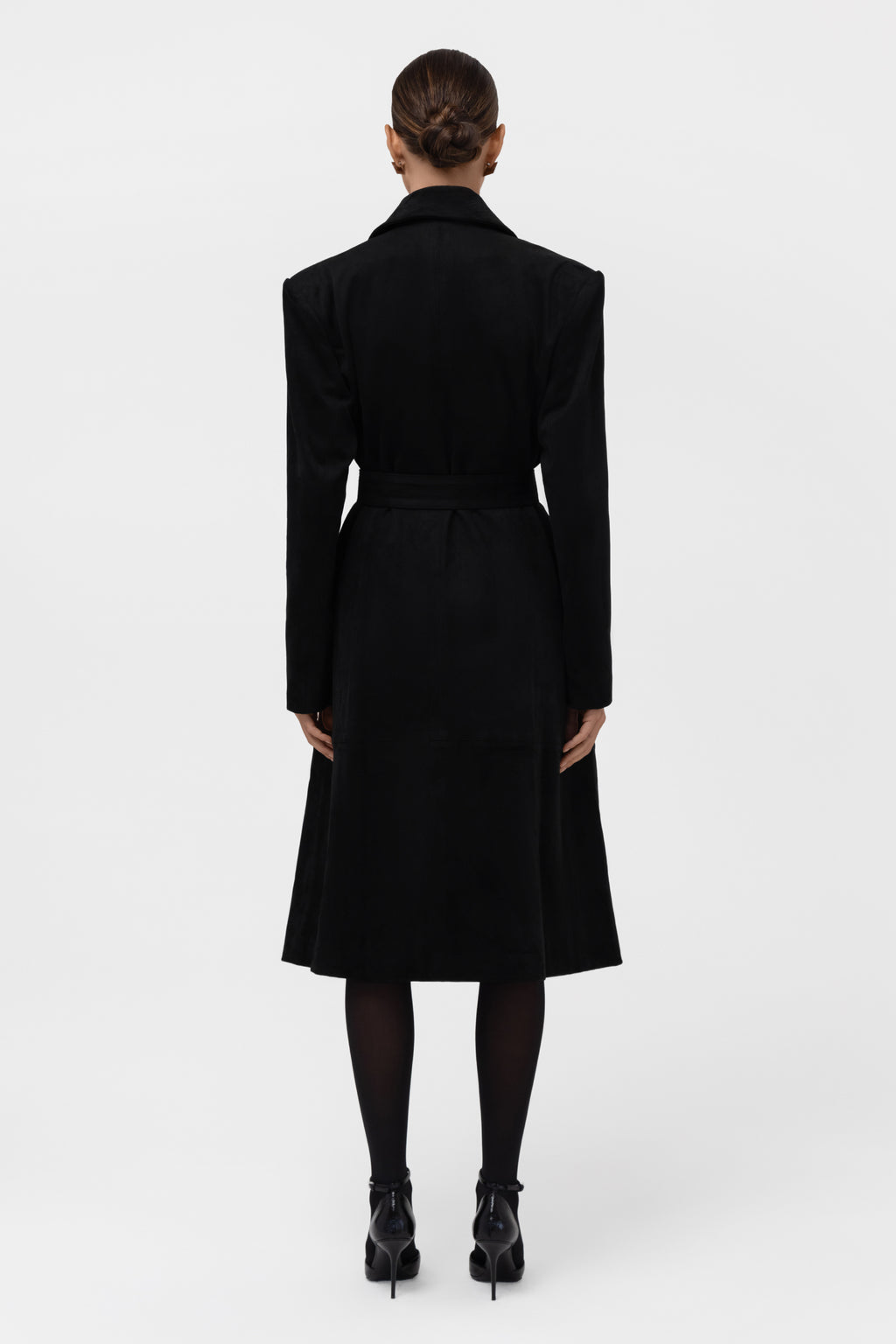 Paneled Faux Suede Trench Coat - Black