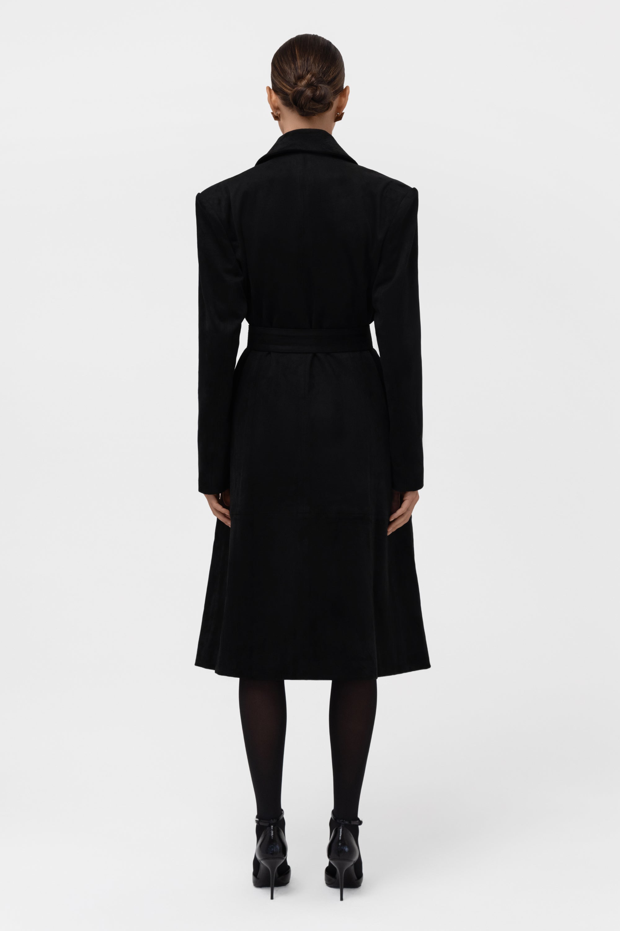 Paneled Faux Suede Trench Coat - Black