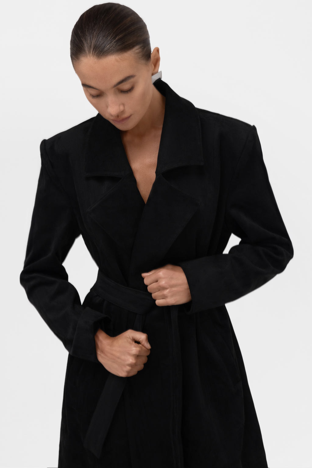 Paneled Faux Suede Trench Coat - Black