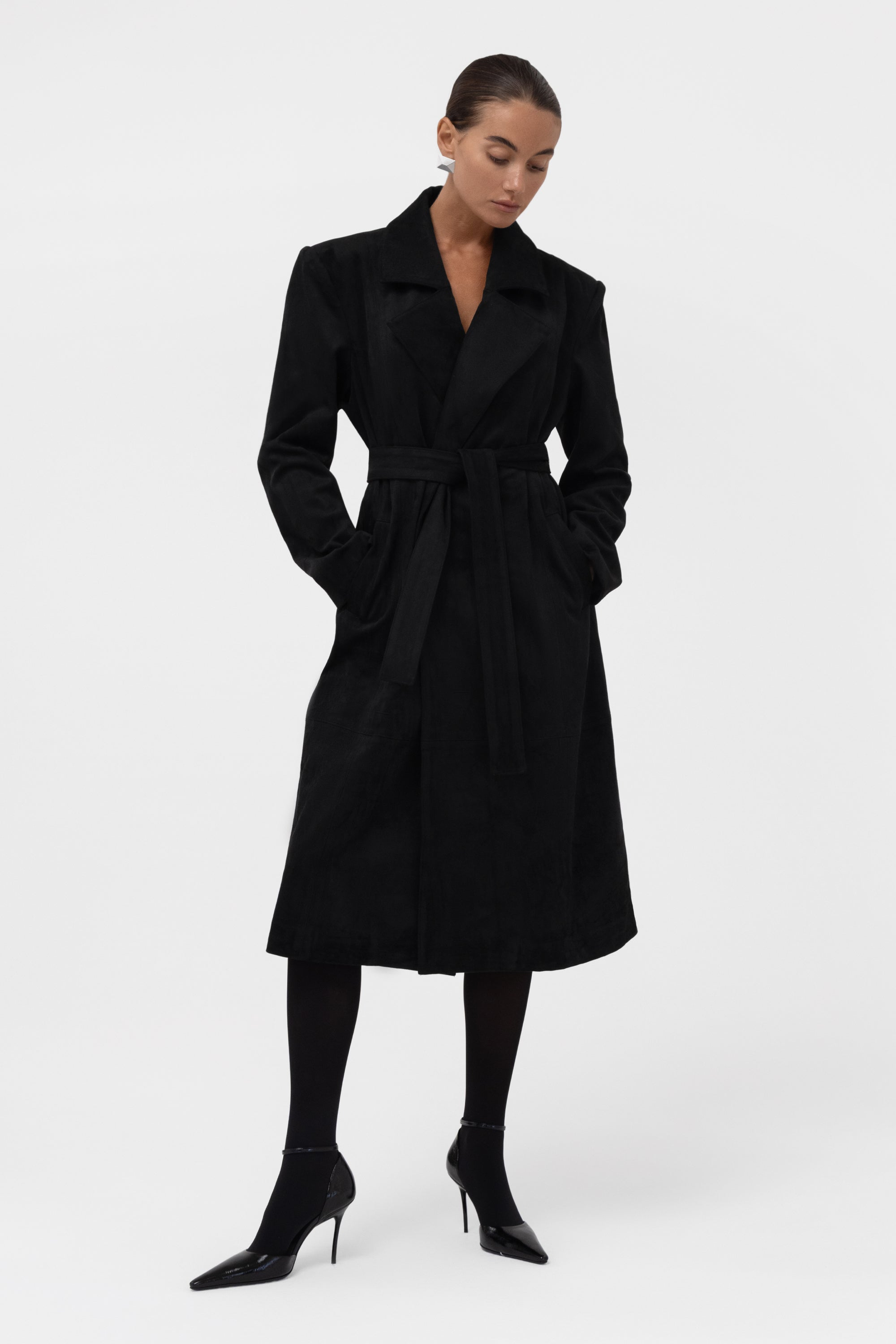 Paneled Faux Suede Trench Coat - Black