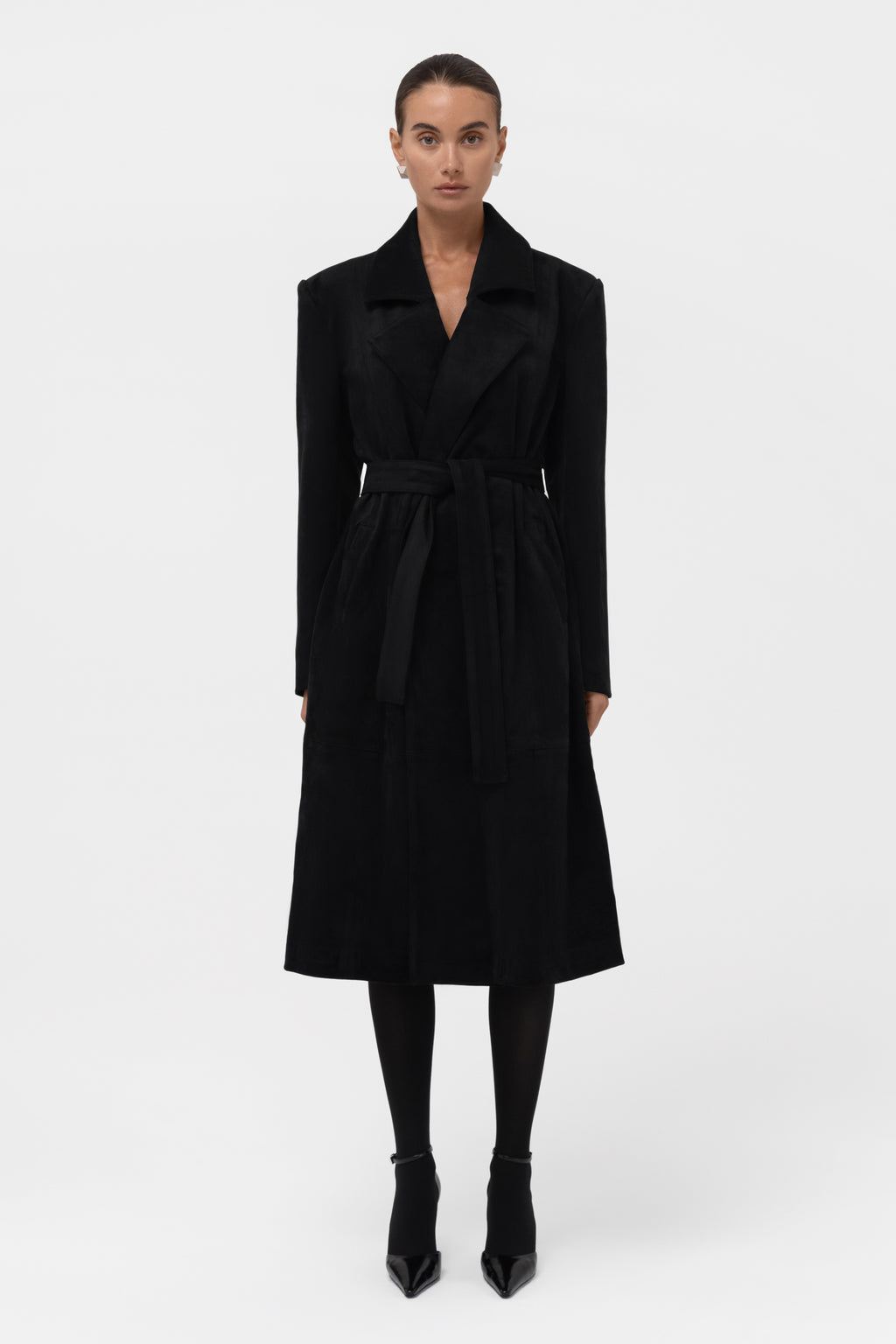 Paneled Faux Suede Trench Coat - Black