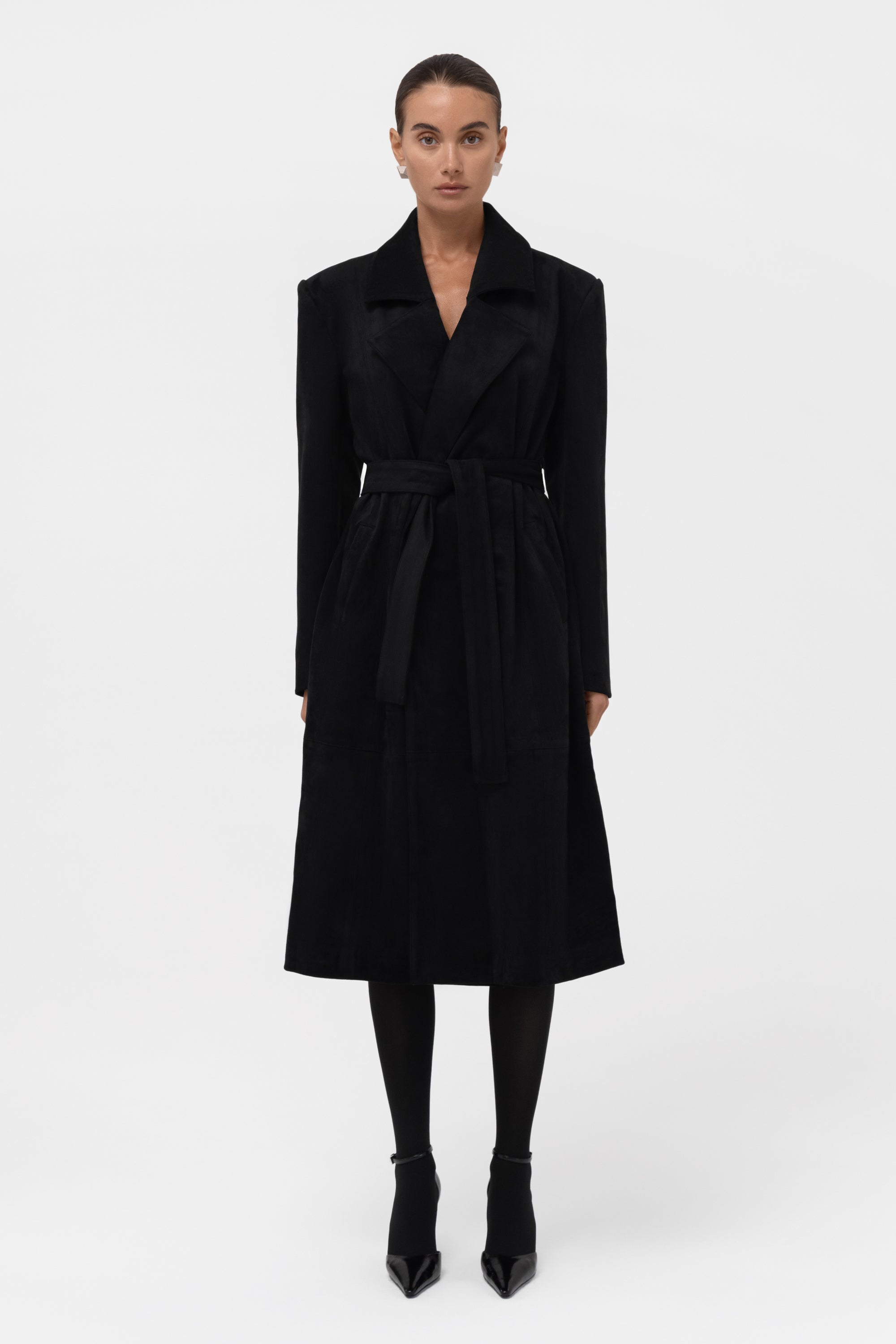 Paneled Faux Suede Trench Coat - Black
