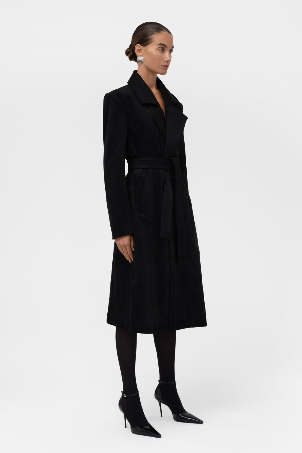 Paneled Faux Suede Trench Coat - Black
