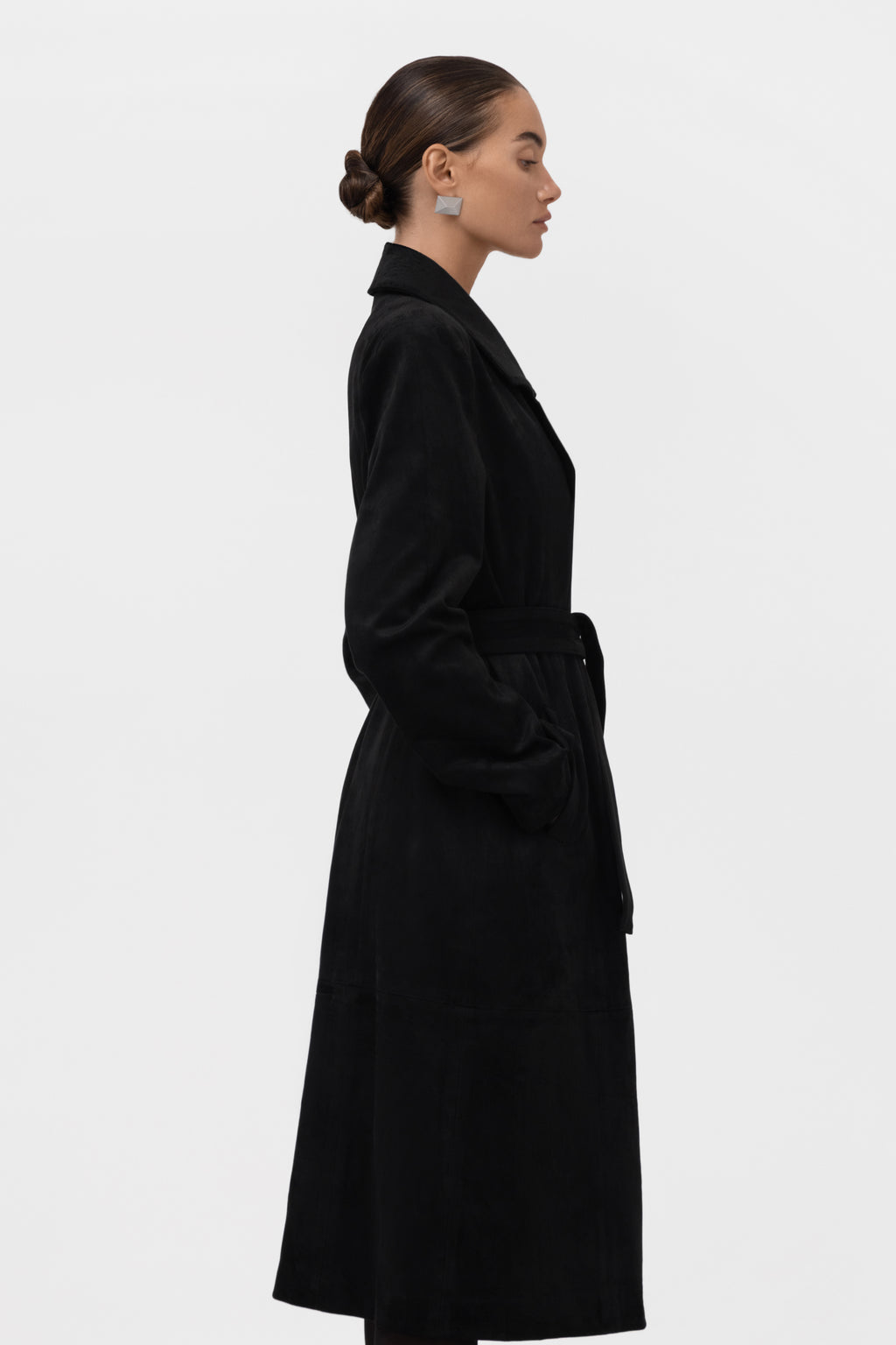 Paneled Faux Suede Trench Coat - Black