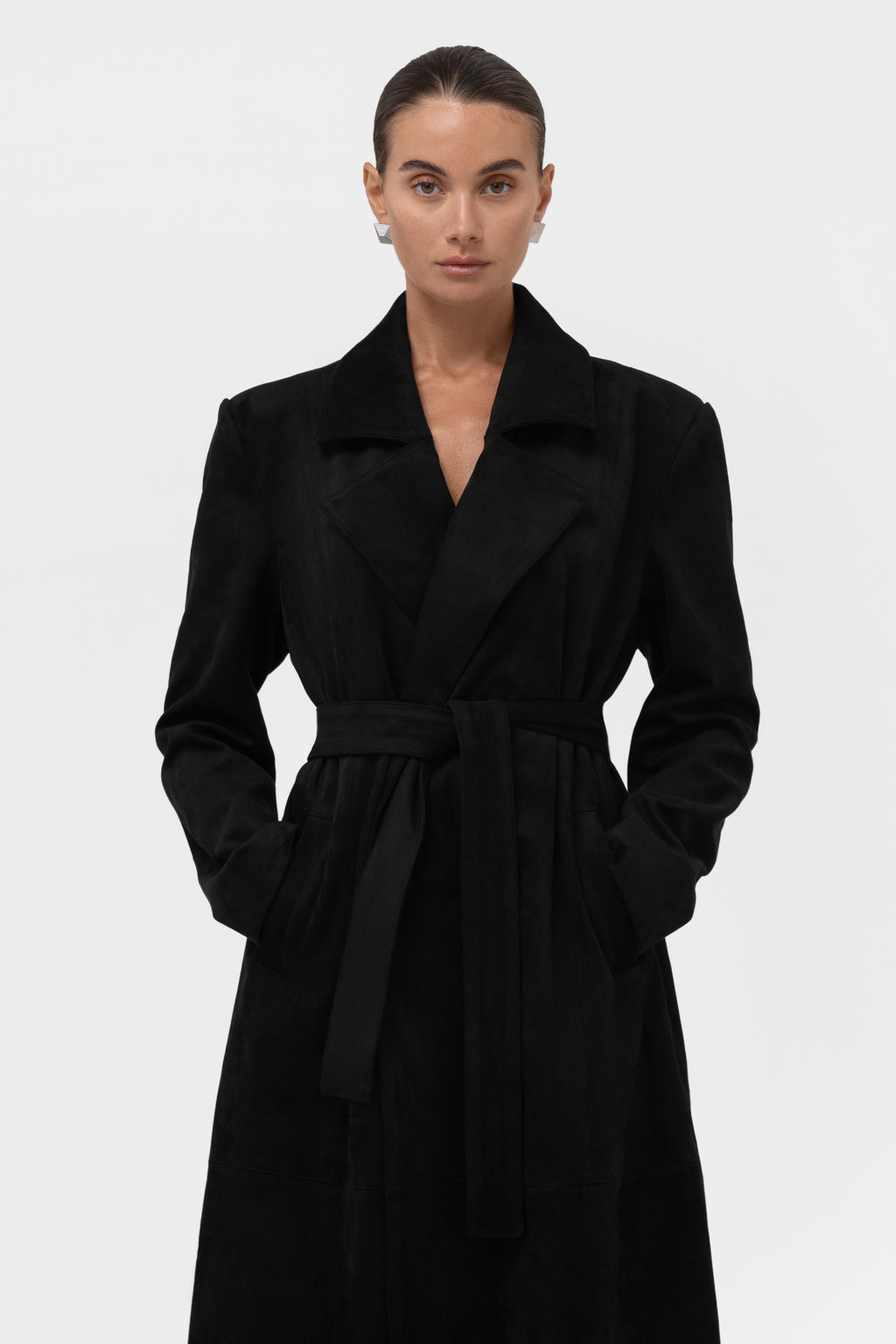 Paneled Faux Suede Trench Coat - Black